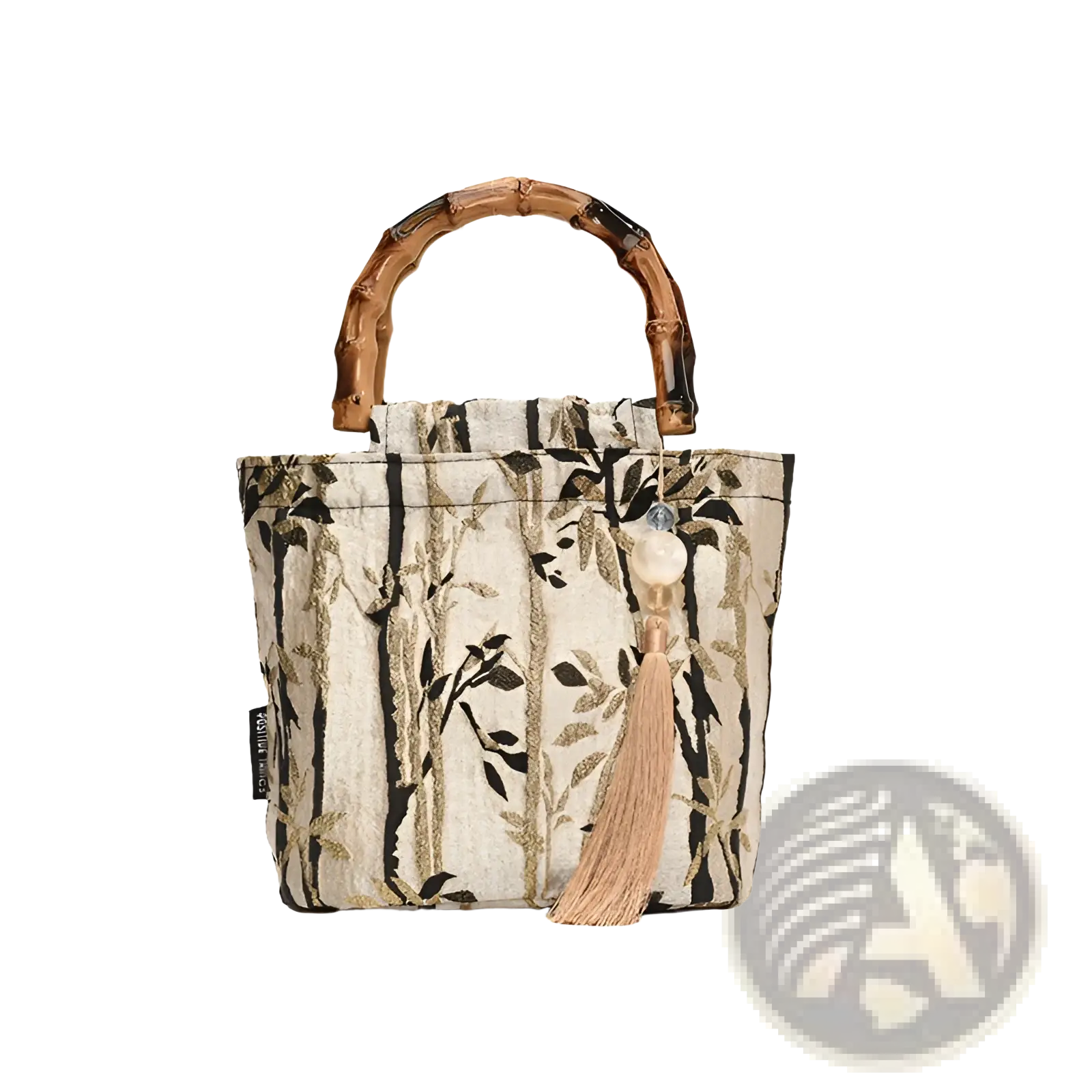 Beige and black bamboo-themed canvas tote bag with natural wood handle and peach tassel accent