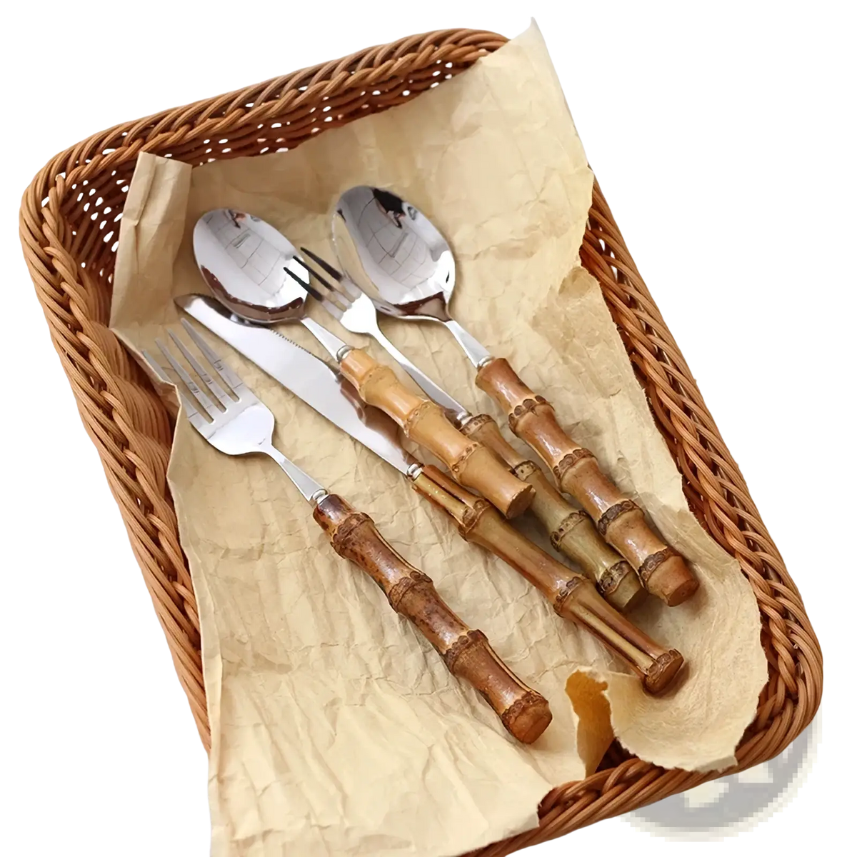 Set of four bamboo handle stainless steel cutlery pieces with polished silver blades and natural wood grain texture