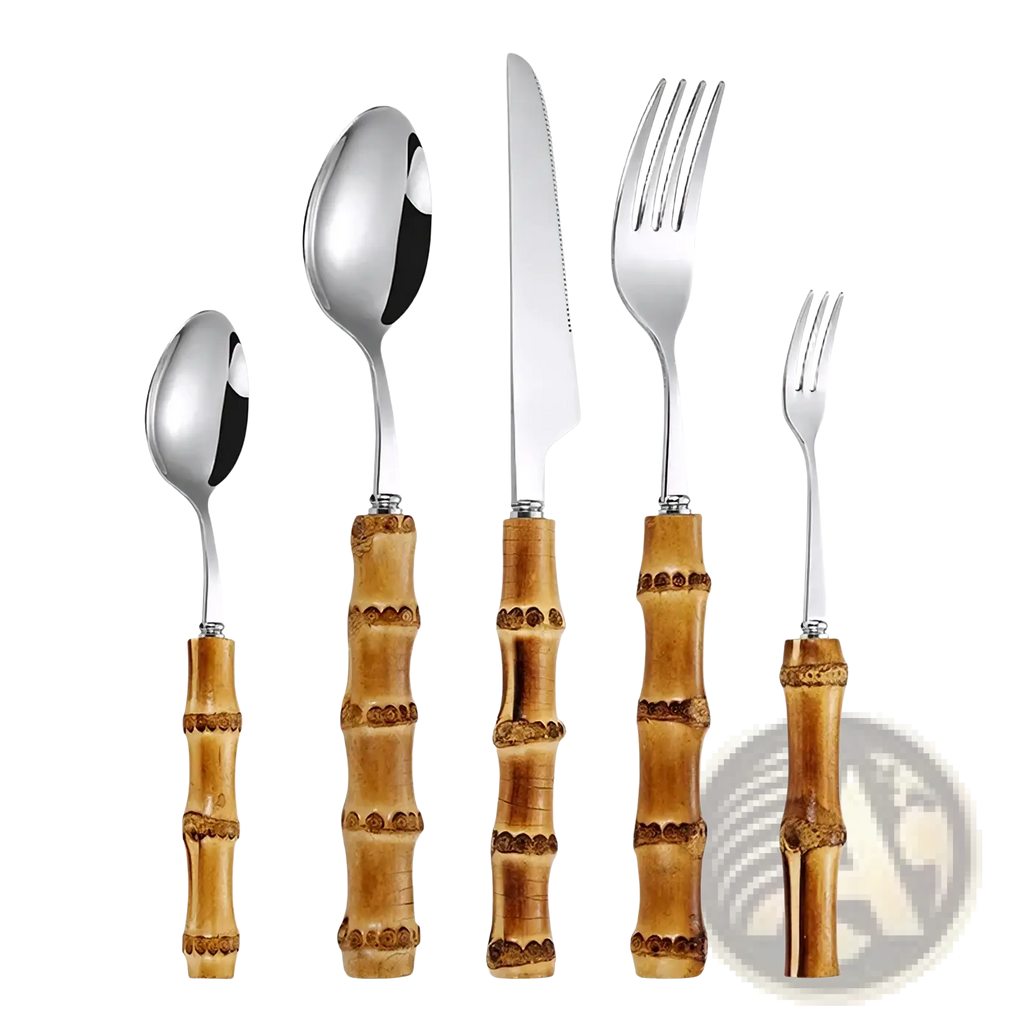 Set of five bamboo handle stainless steel cutlery pieces with polished metallic blades and forks
