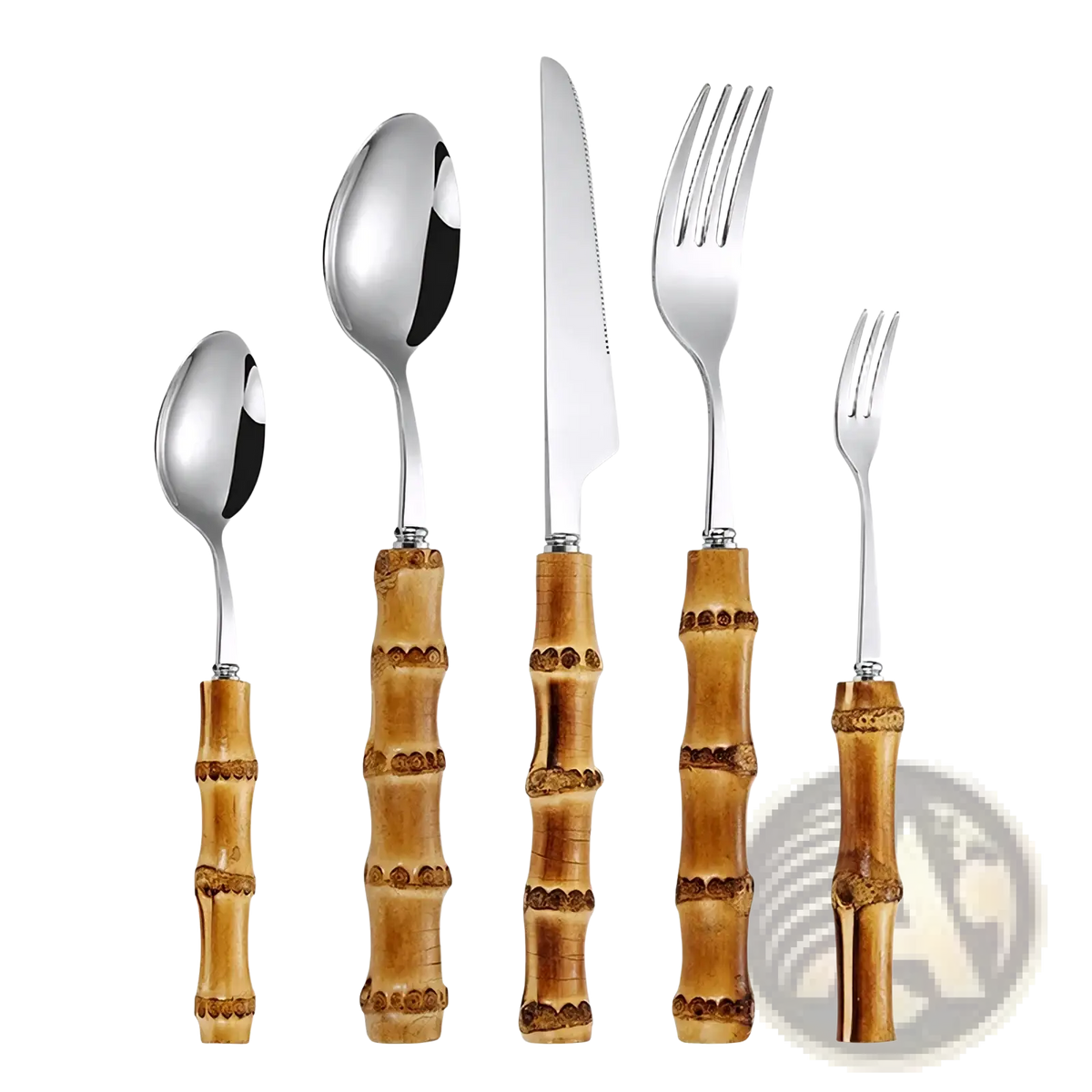 Set of five bamboo handle stainless steel cutlery pieces with polished metallic blades and forks