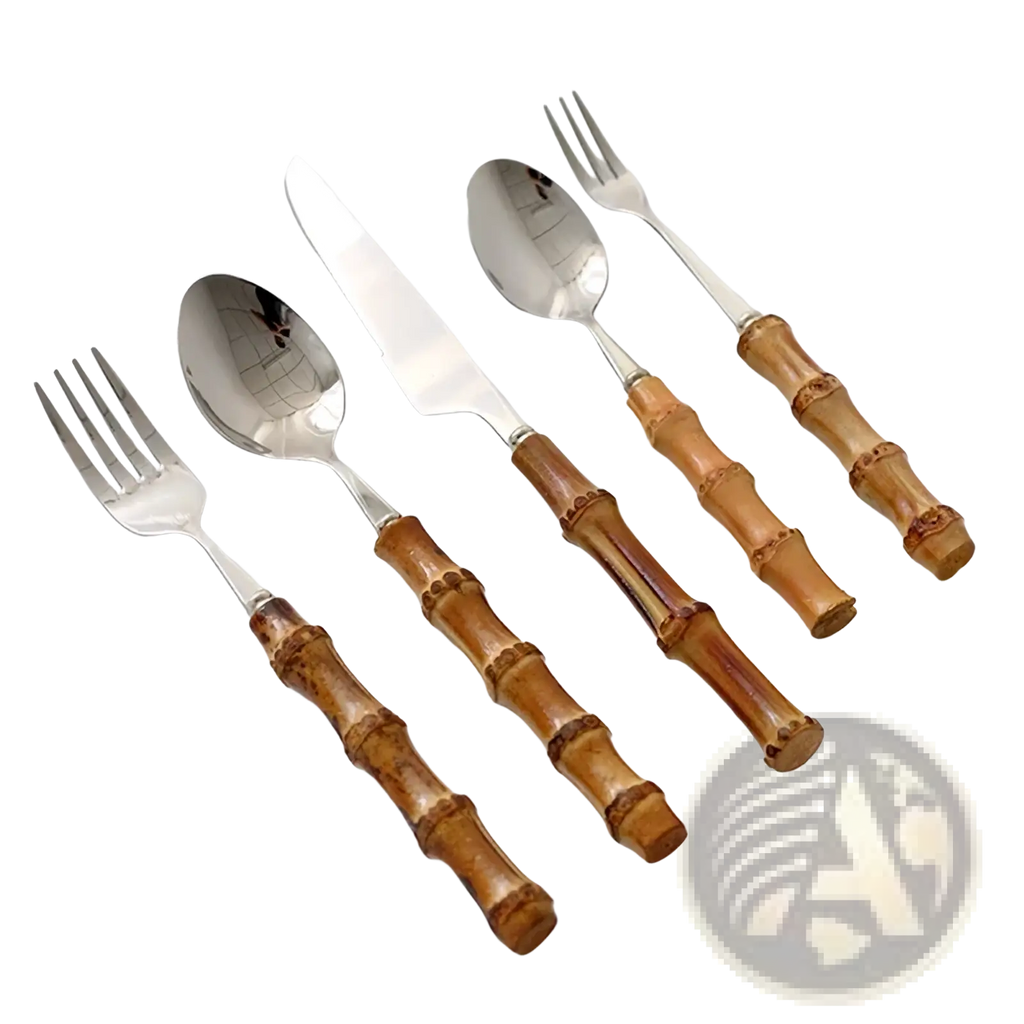 Set of five stainless steel cutlery pieces with bamboo handles designed for durable and eco-friendly dining