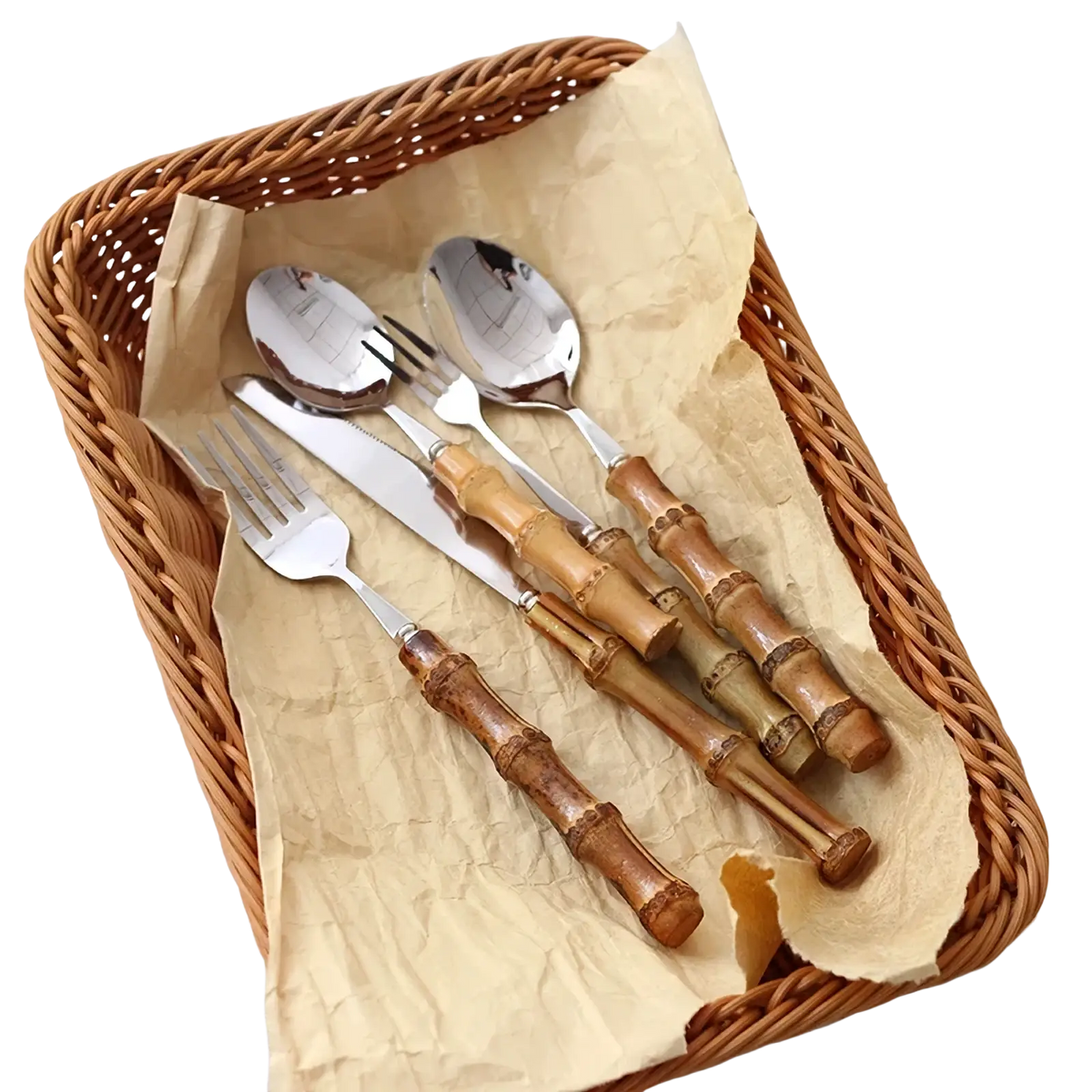 Set of four bamboo handle stainless steel cutlery pieces with polished silver blades and natural wood grain texture