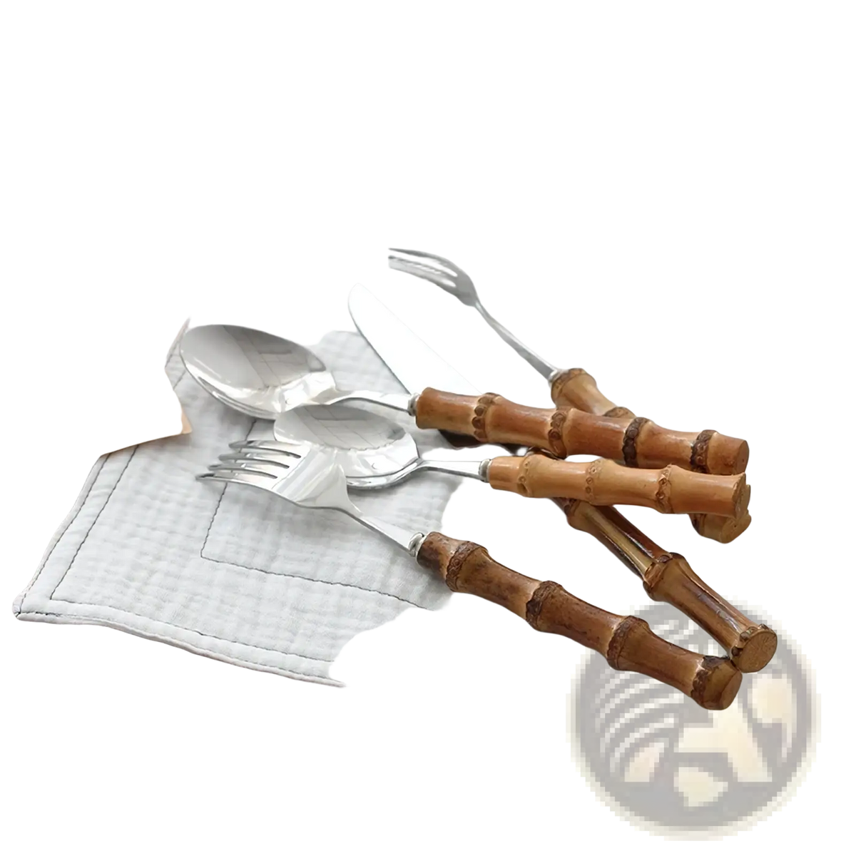 Set of four bamboo handle stainless steel cutlery pieces with polished silver blades and natural wood grain