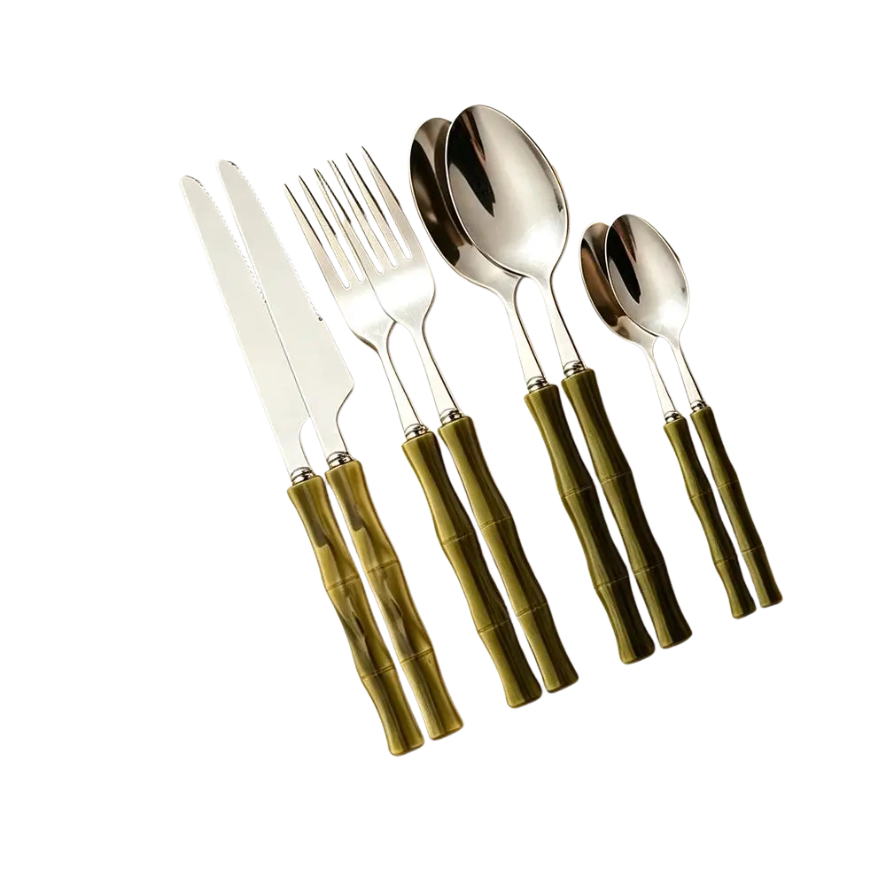Set of stainless steel flatware with olive green bamboo-patterned handles for elegant dining use