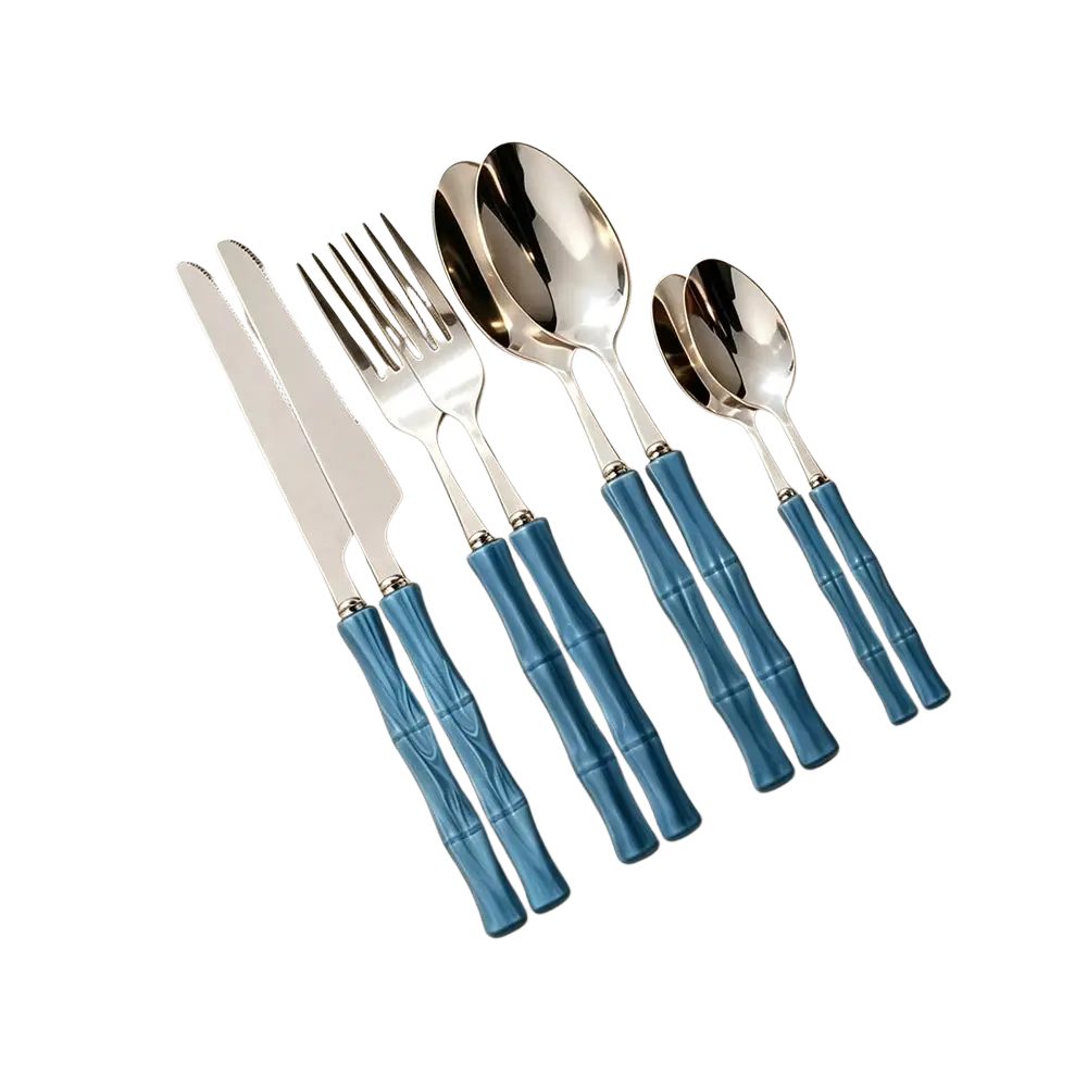 Set of stainless steel flatware with blue bamboo-patterned handles ideal for everyday dining use