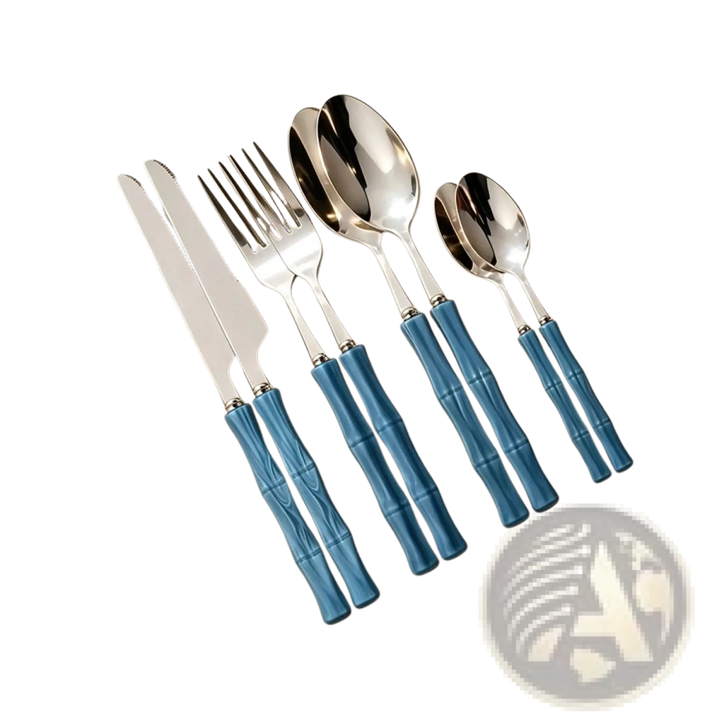 Set of stainless steel flatware with blue bamboo-patterned handles ideal for everyday dining use
