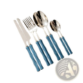 Set of stainless steel flatware with blue bamboo-patterned handles ideal for everyday dining use