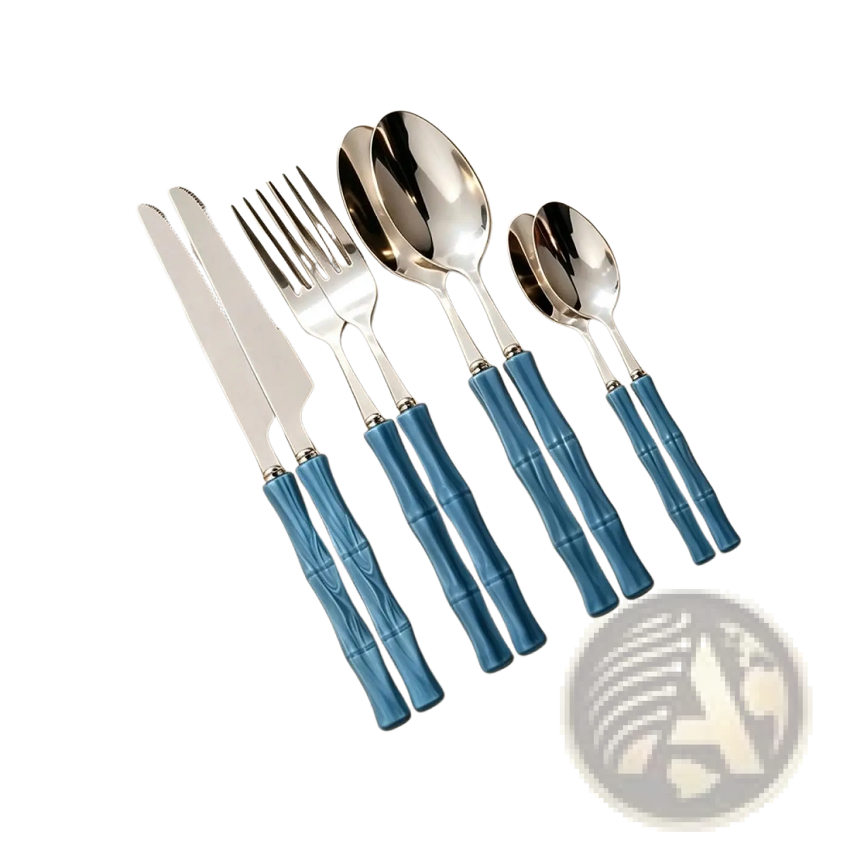 Set of stainless steel flatware with blue bamboo-patterned handles ideal for everyday dining use
