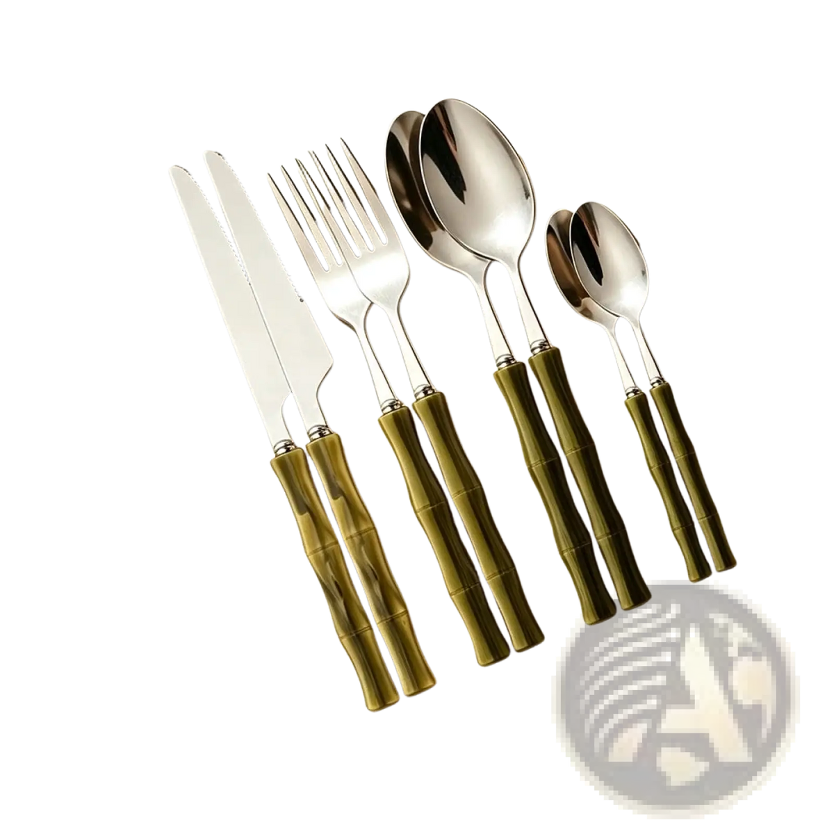 Set of stainless steel flatware with olive green bamboo-patterned handles for elegant dining use