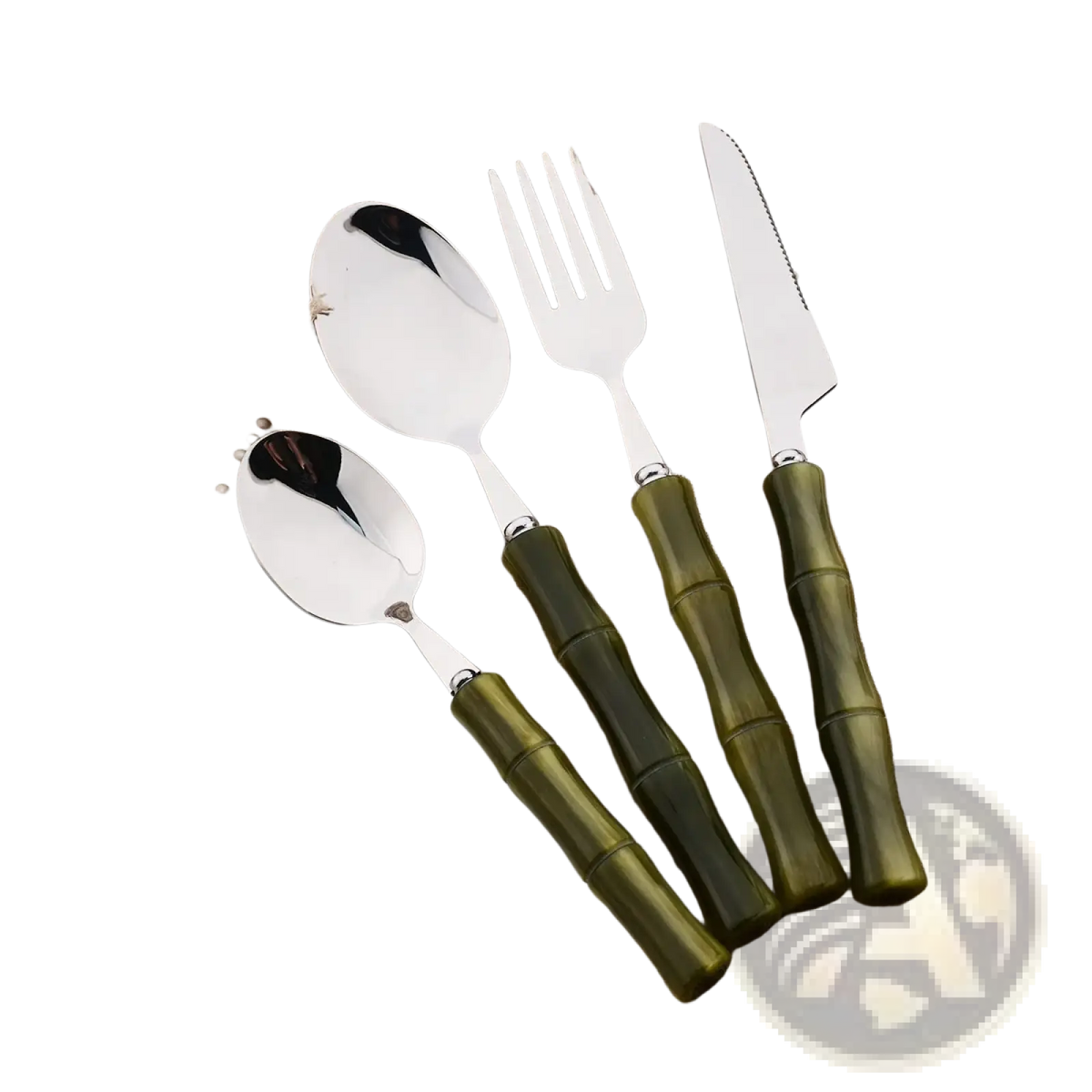 Set of stainless steel flatware with olive green bamboo style handles including spoon fork and knife for dining use