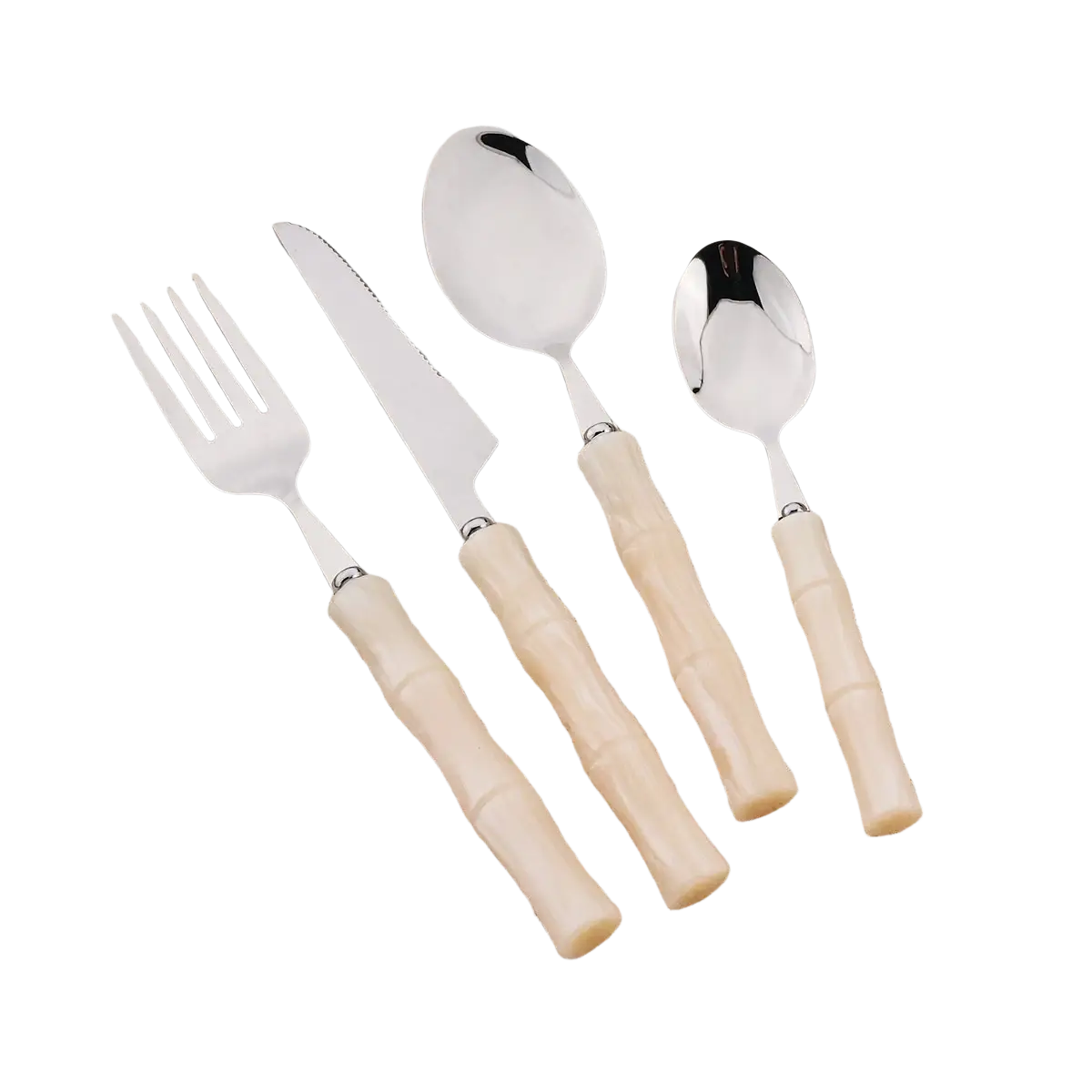 Set of four stainless steel flatware pieces with cream bamboo-patterned handles for elegant dining
