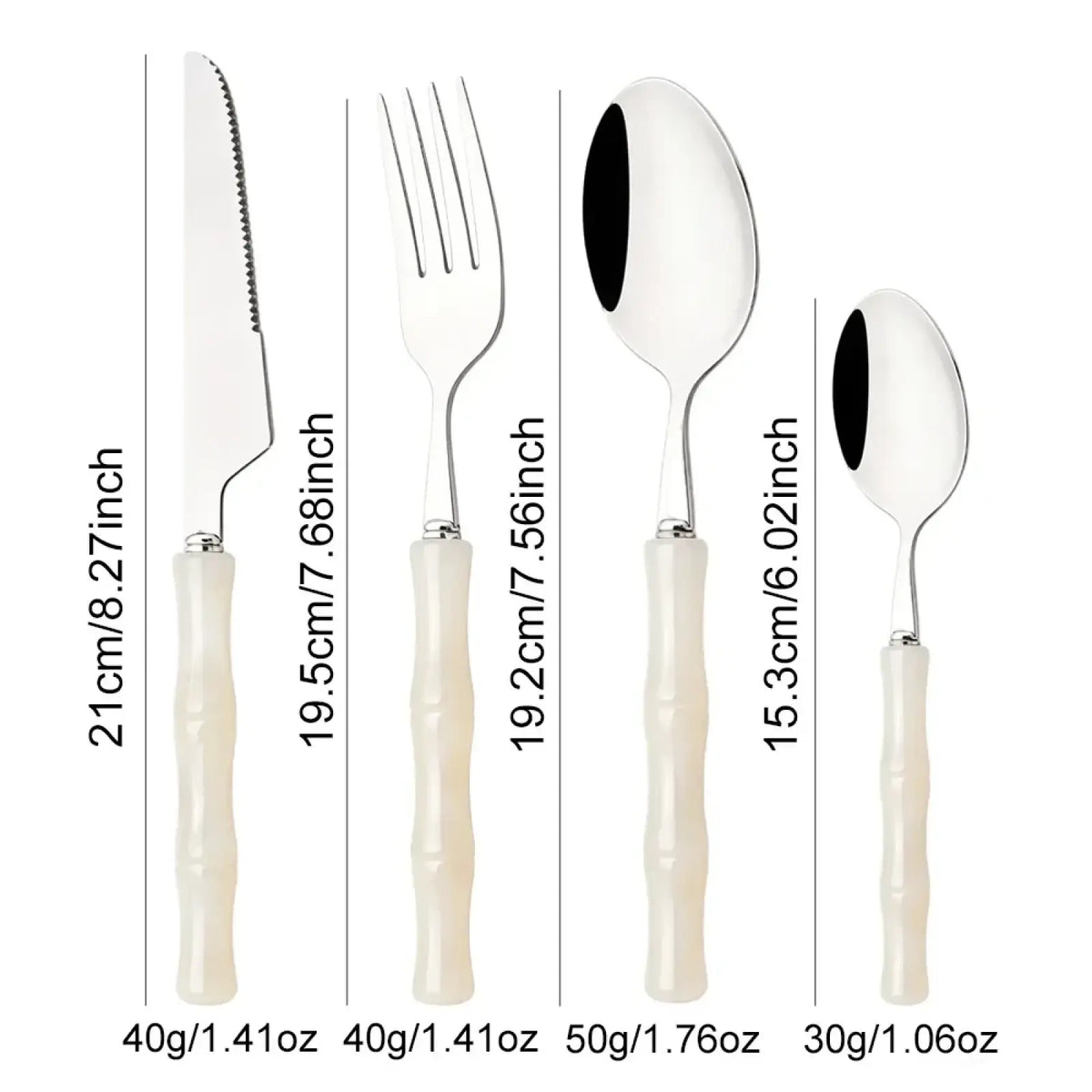 Set of four stainless steel flatware with ivory bamboo-inspired handles in an elegant cutlery design