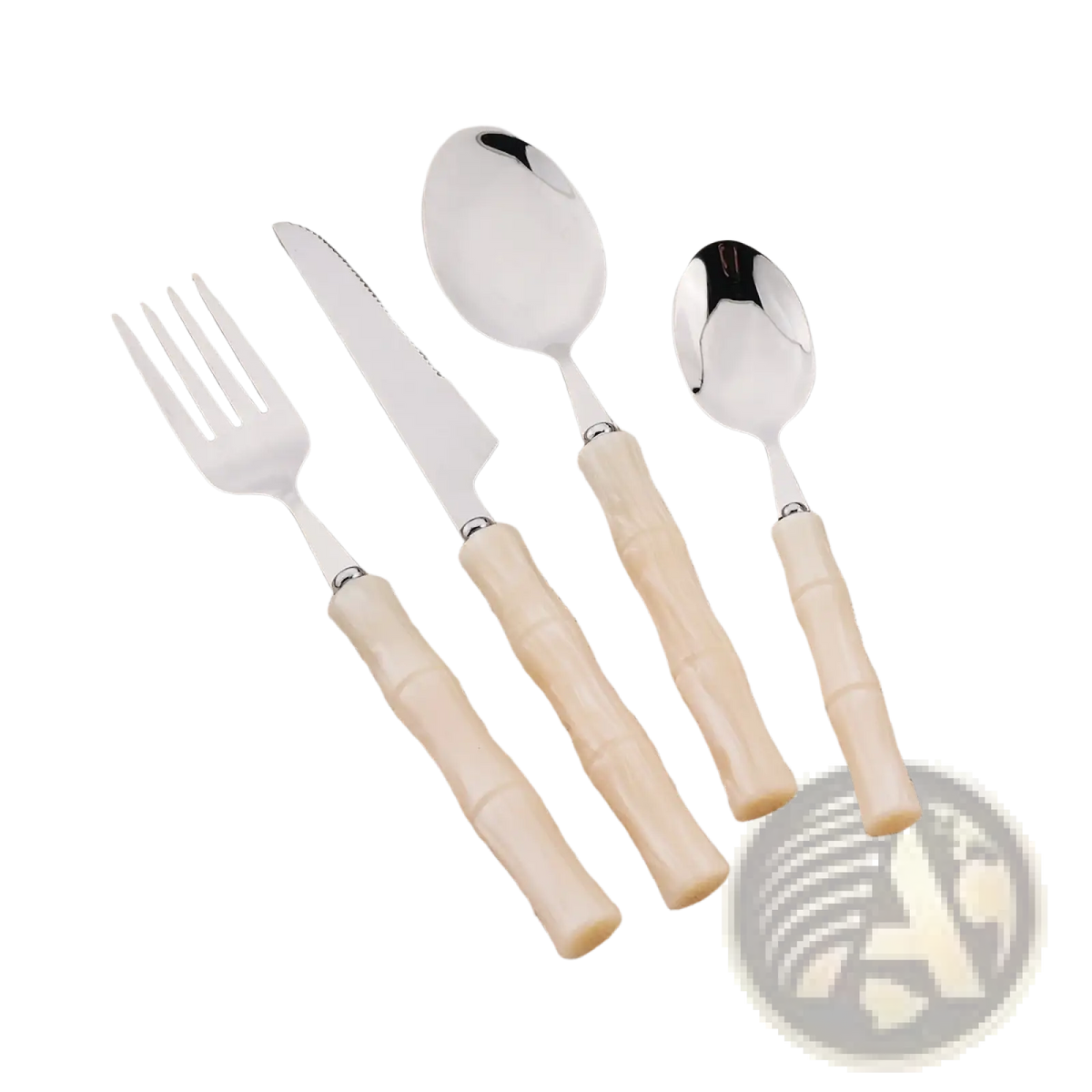 Set of four stainless steel flatware pieces with cream bamboo-patterned handles for elegant dining