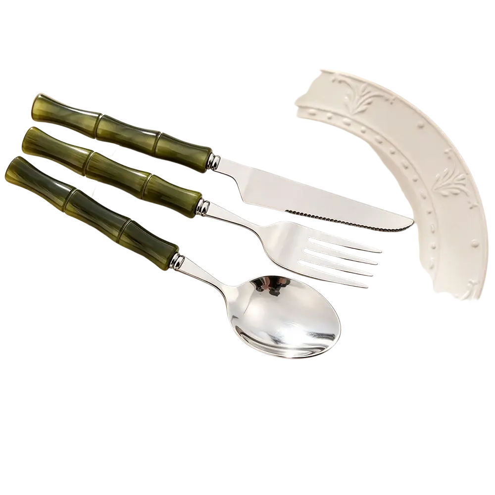 Set of three utensils with olive green bamboo style handles and polished stainless steel blades flatware set
