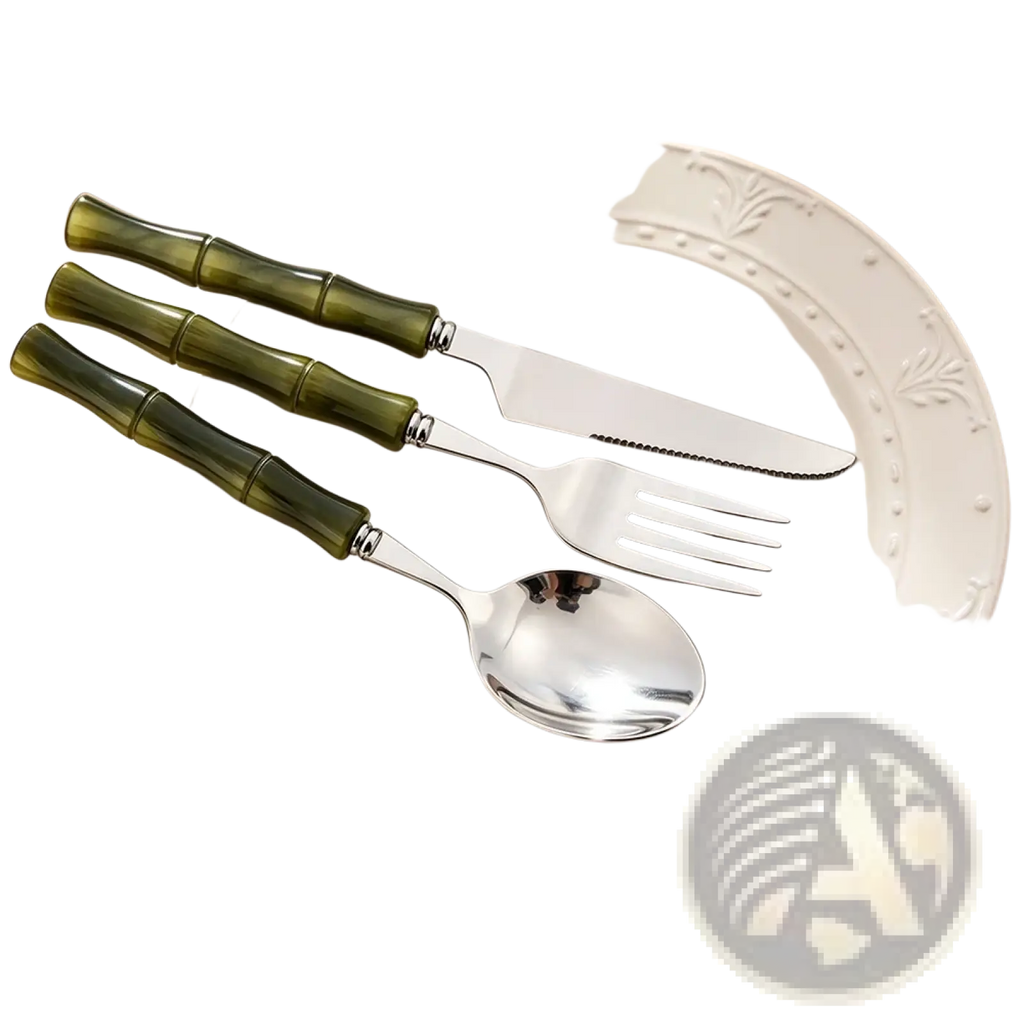 Set of three utensils with olive green bamboo style handles and polished stainless steel blades flatware set