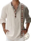 Beige bamboo linen casual long sleeve shirt with intricate red and brown geometric embroidery along neckline and side