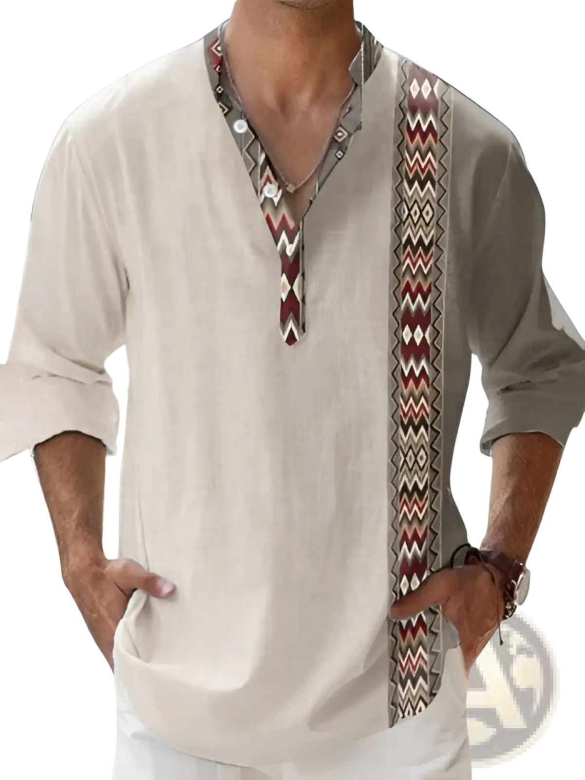 Beige bamboo linen casual long sleeve shirt with intricate red and brown geometric embroidery along neckline and side