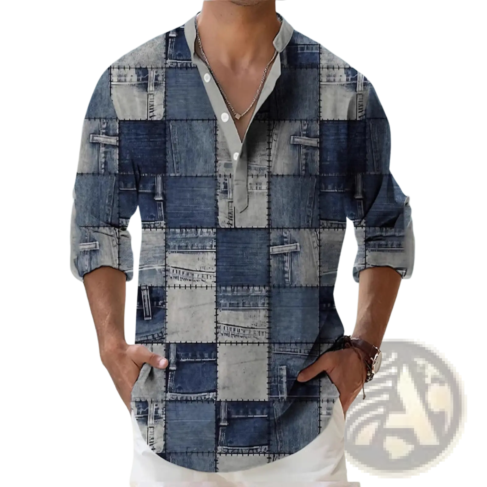 A men’s bamboo linen casual long sleeve shirt with a blue denim patchwork design and visible stitching details