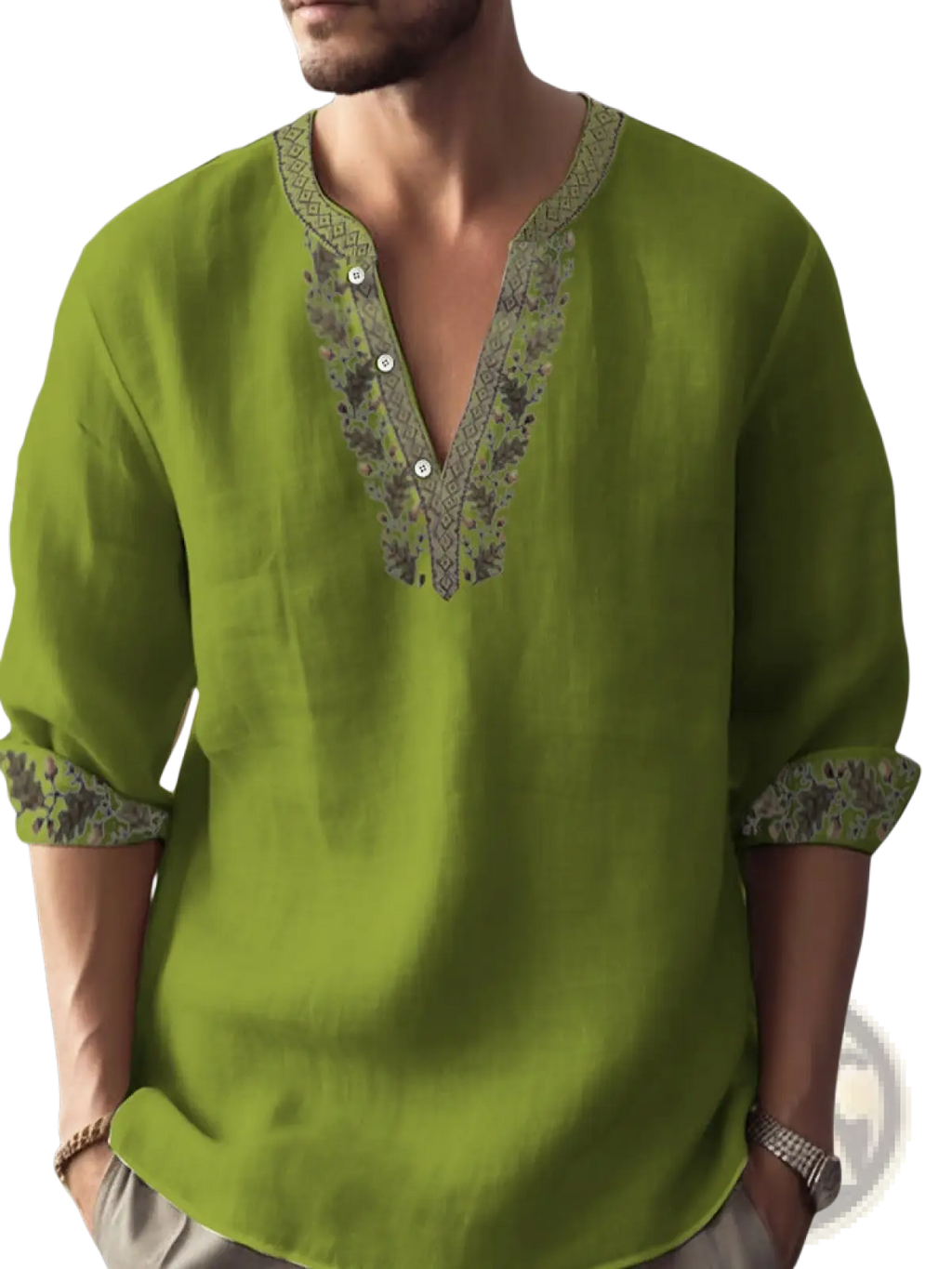 A vibrant lime green bamboo linen embroidered long sleeve shirt featuring gray detailing on v-neckline and cuffs