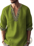 A vibrant lime green bamboo linen embroidered long sleeve shirt featuring gray detailing on v-neckline and cuffs