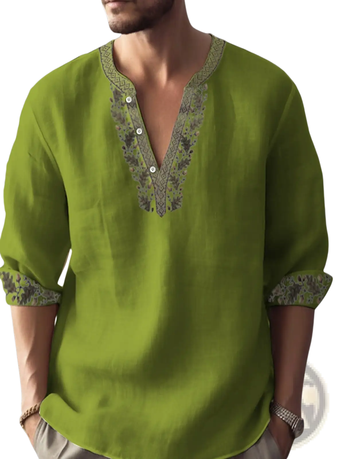 A vibrant lime green bamboo linen embroidered long sleeve shirt featuring gray detailing on v-neckline and cuffs