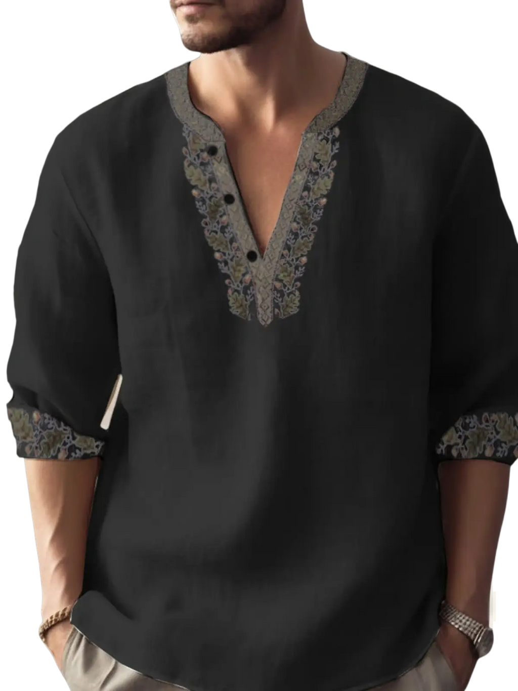 Black bamboo linen embroidered long sleeve shirt with gray floral embroidery along v-neckline and rolled cuffs