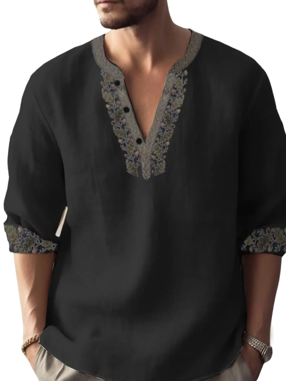 Black bamboo linen embroidered long sleeve shirt with gray floral embroidery along v-neckline and rolled cuffs