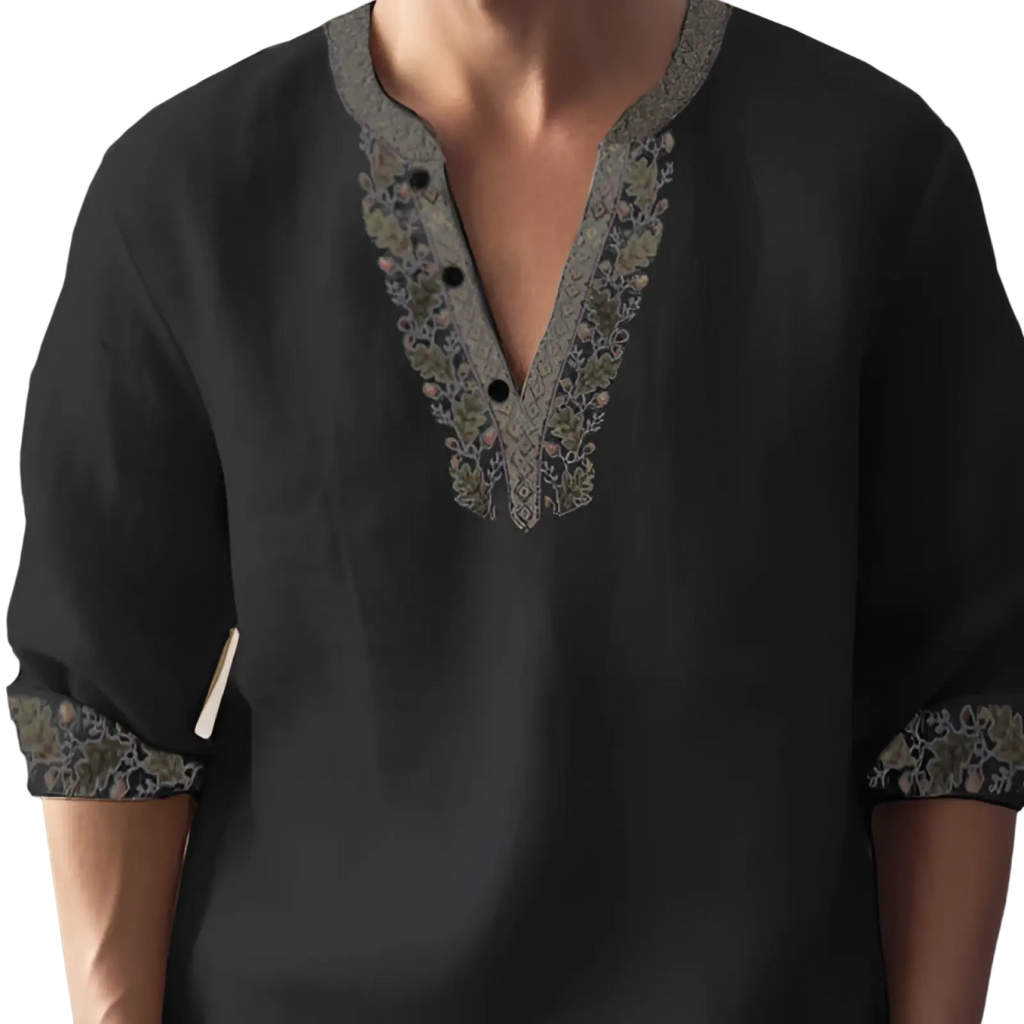 Black bamboo linen embroidered long sleeve shirt with intricate gray and white embroidery on v-neckline and cuffs