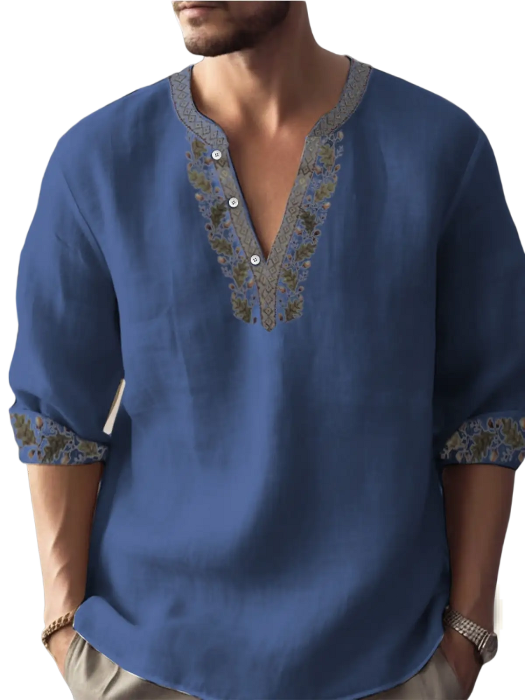 Blue bamboo linen embroidered long sleeve shirt with beige and green detailing along v-neckline and rolled cuffs