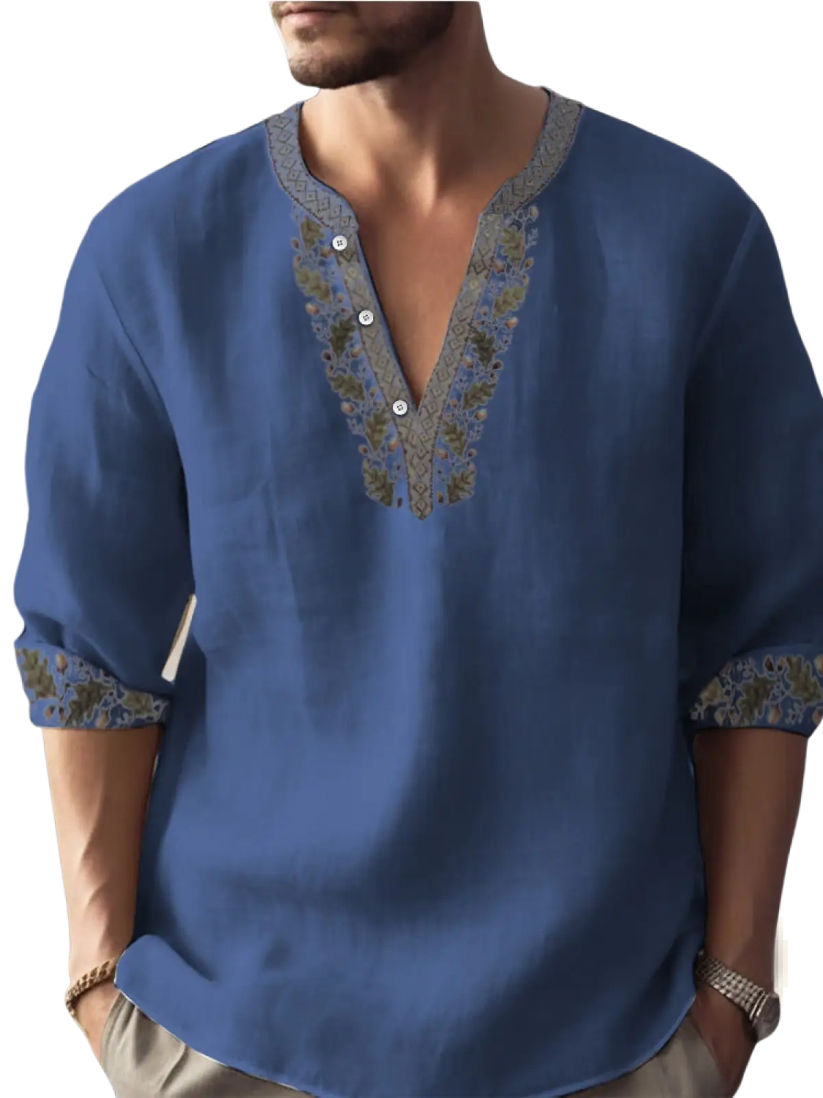 Blue bamboo linen embroidered long sleeve shirt with beige and green detailing along v-neckline and rolled cuffs