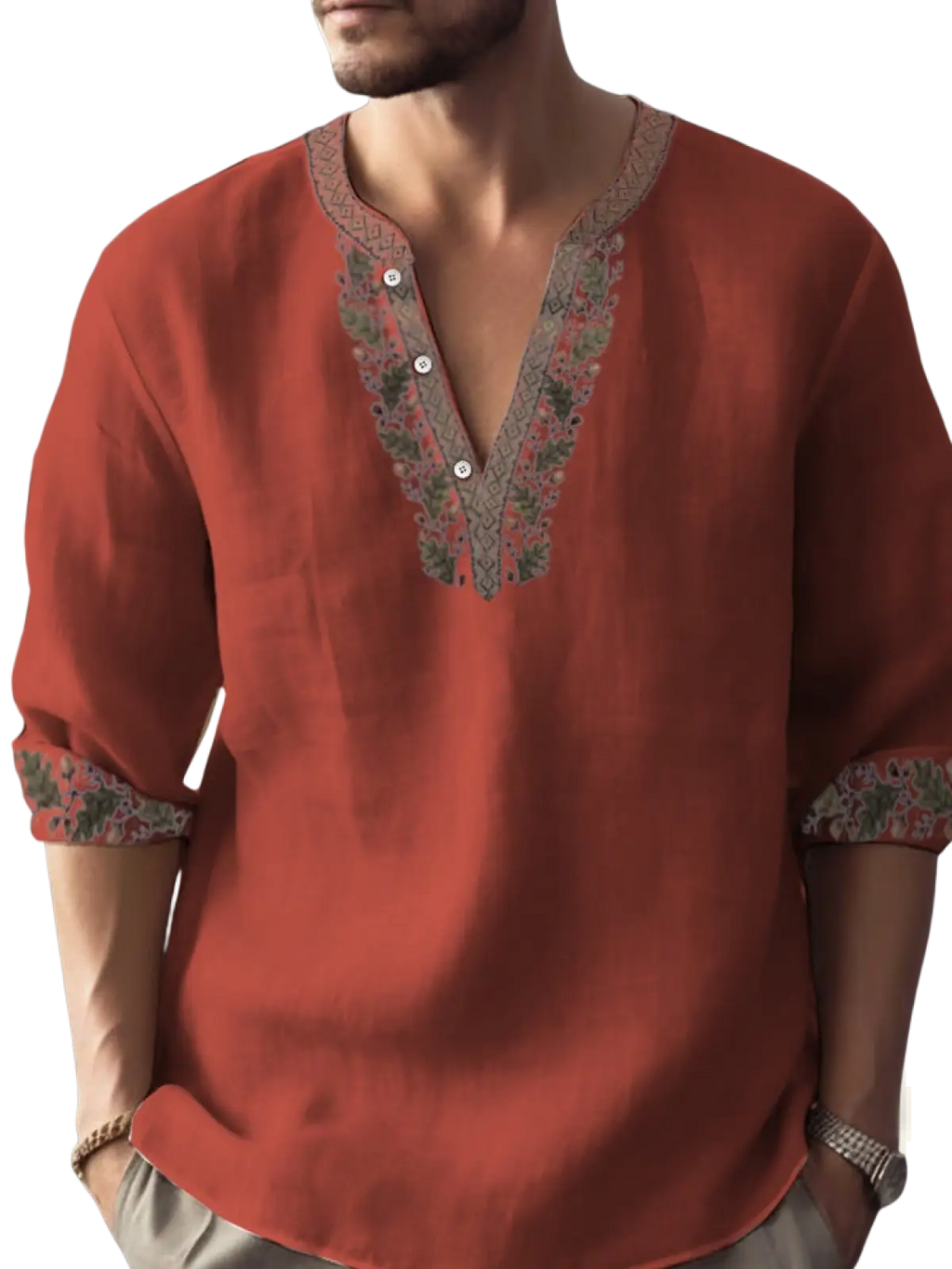 A rust-colored bamboo linen long sleeve shirt with intricate embroidered detailing along the v-neckline and cuffs