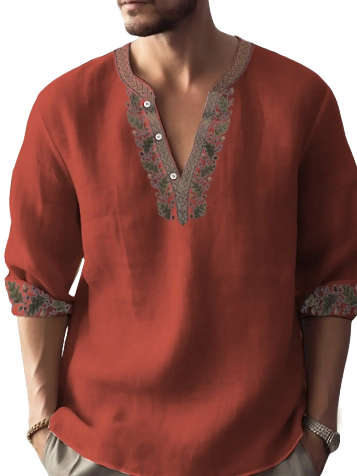 A rust-colored bamboo linen long sleeve shirt with intricate embroidered detailing along the v-neckline and cuffs