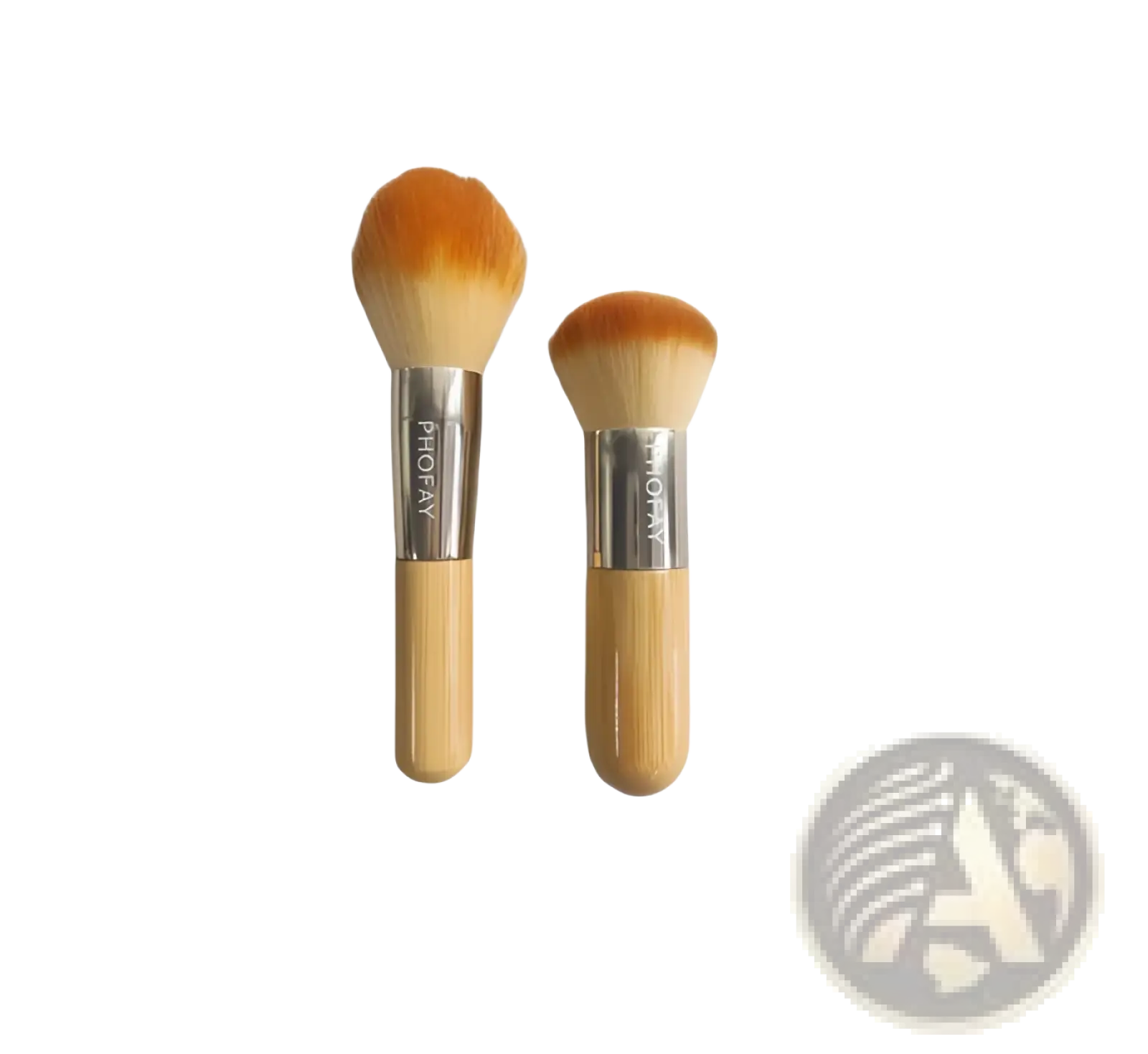 Two bamboo-handled makeup brushes with silver ferrules and orange gradient soft tapered bristles