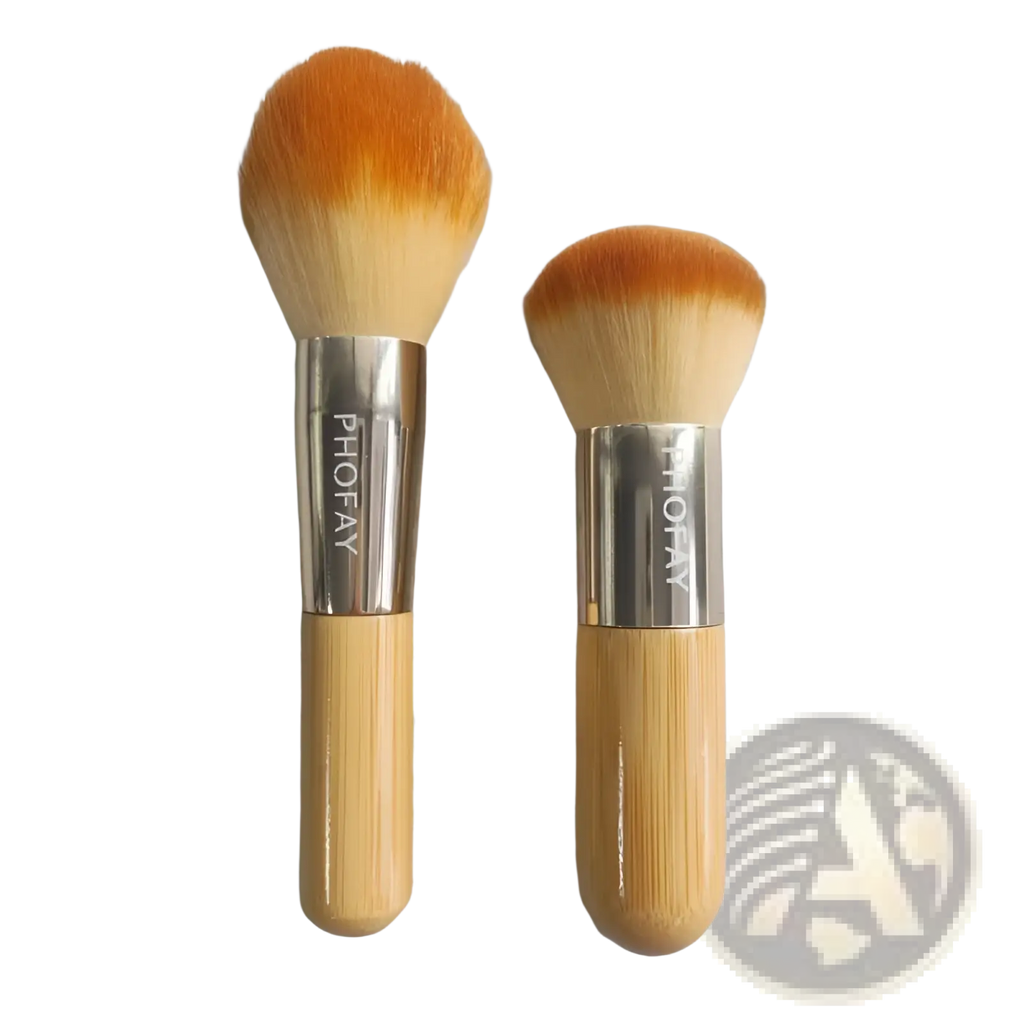 Two phofay bamboo makeup brushes with silver ferrules and orange gradient soft bristles in a brush set
