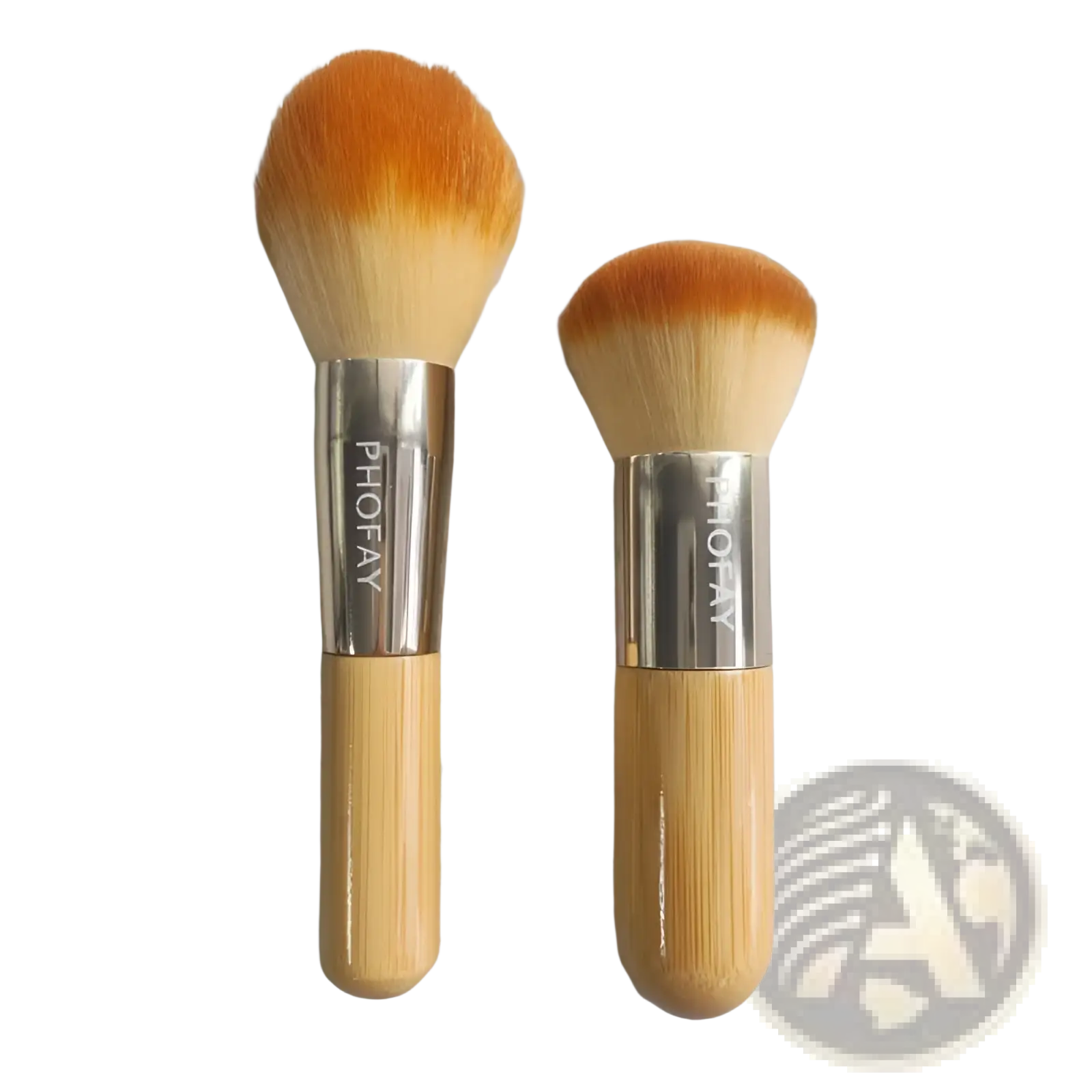 Two phofay bamboo makeup brushes with silver ferrules and orange gradient soft bristles in a brush set