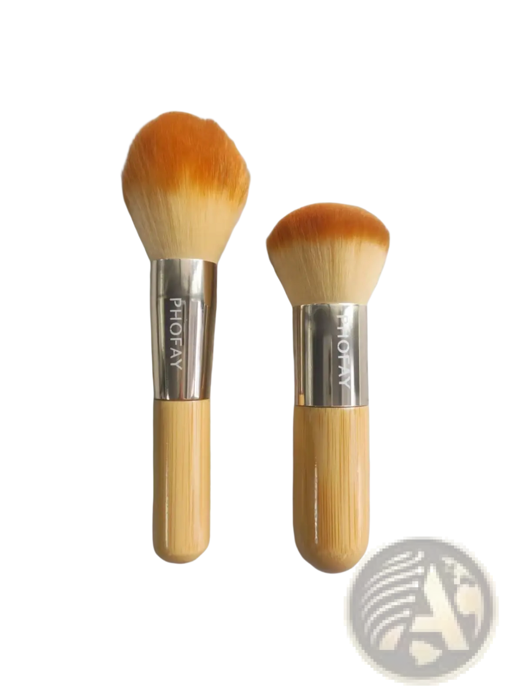 Two phofay bamboo makeup brushes with silver ferrules and orange gradient soft bristles in a bamboo brush set