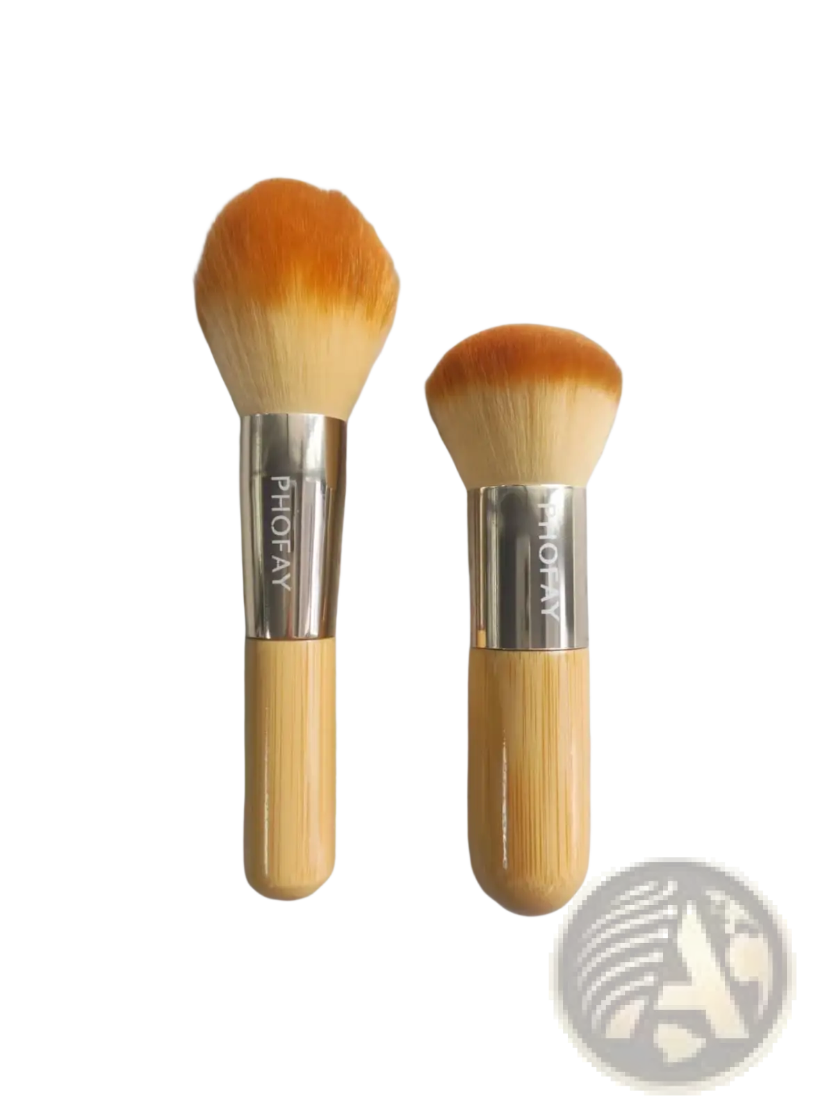 Two phofay bamboo makeup brushes with silver ferrules and orange gradient soft bristles in a bamboo brush set