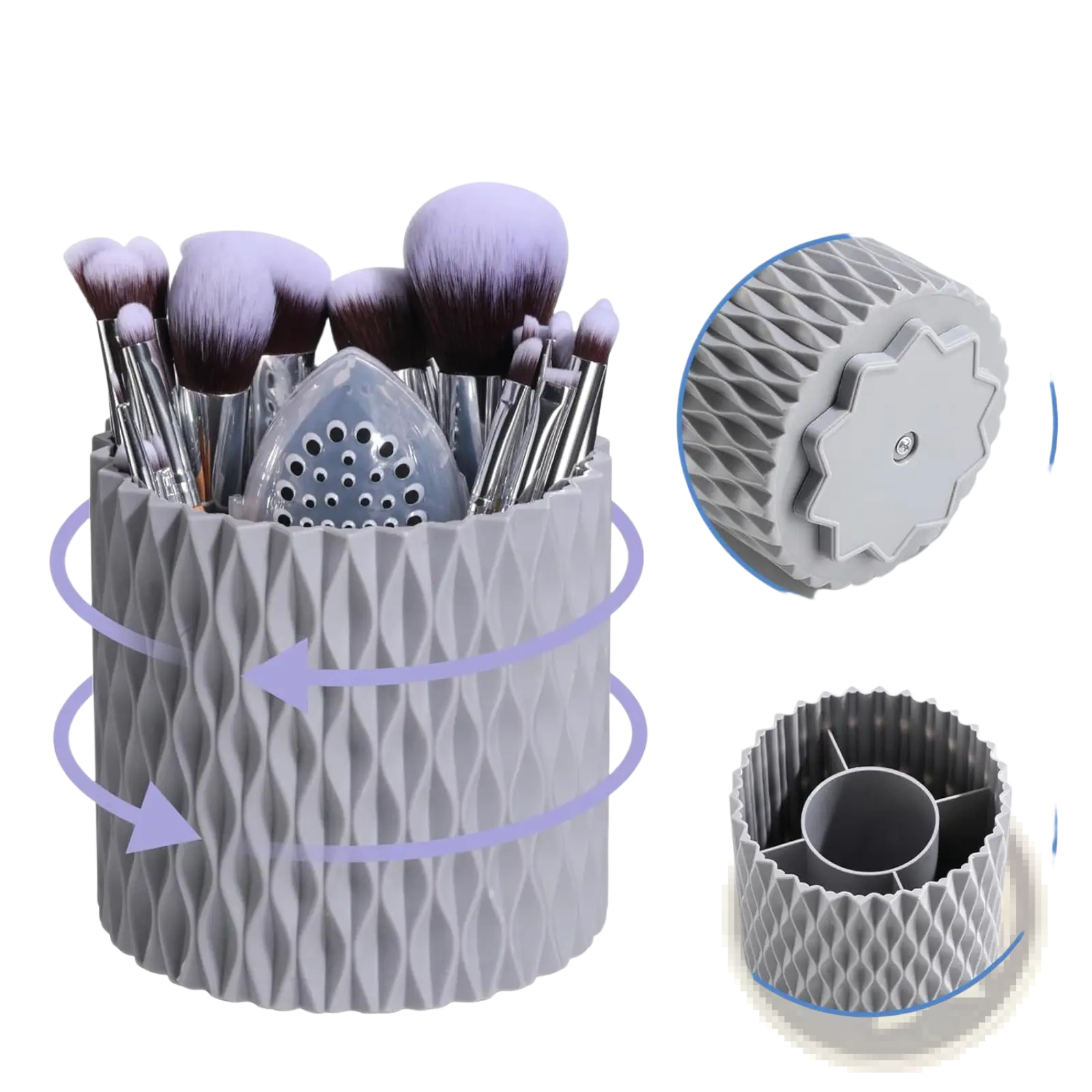 Gray textured plastic storage bucket with 360-degree rotation in bamboo makeup brush set for organized brush storage