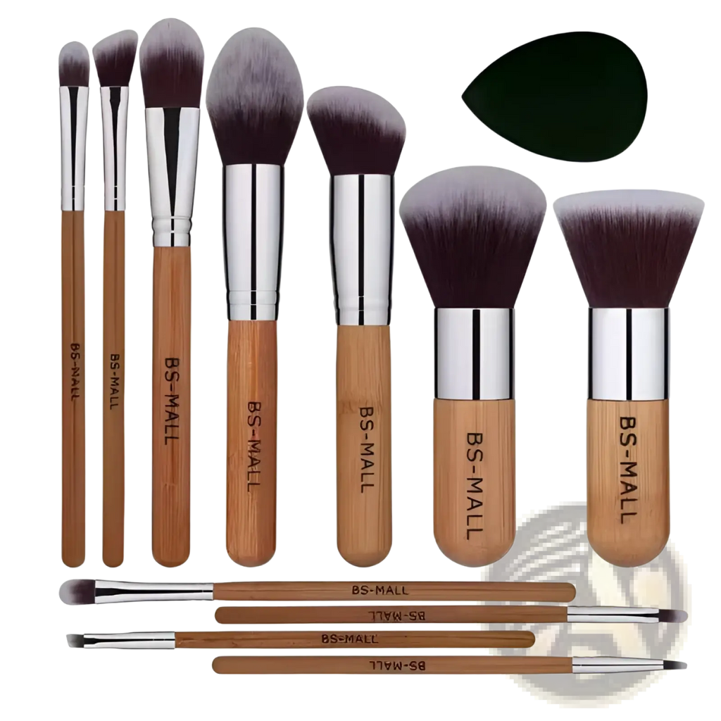Set of 11 bamboo-handled makeup brushes with silver ferrules dark brown to gray bristles and black sponge applicator
