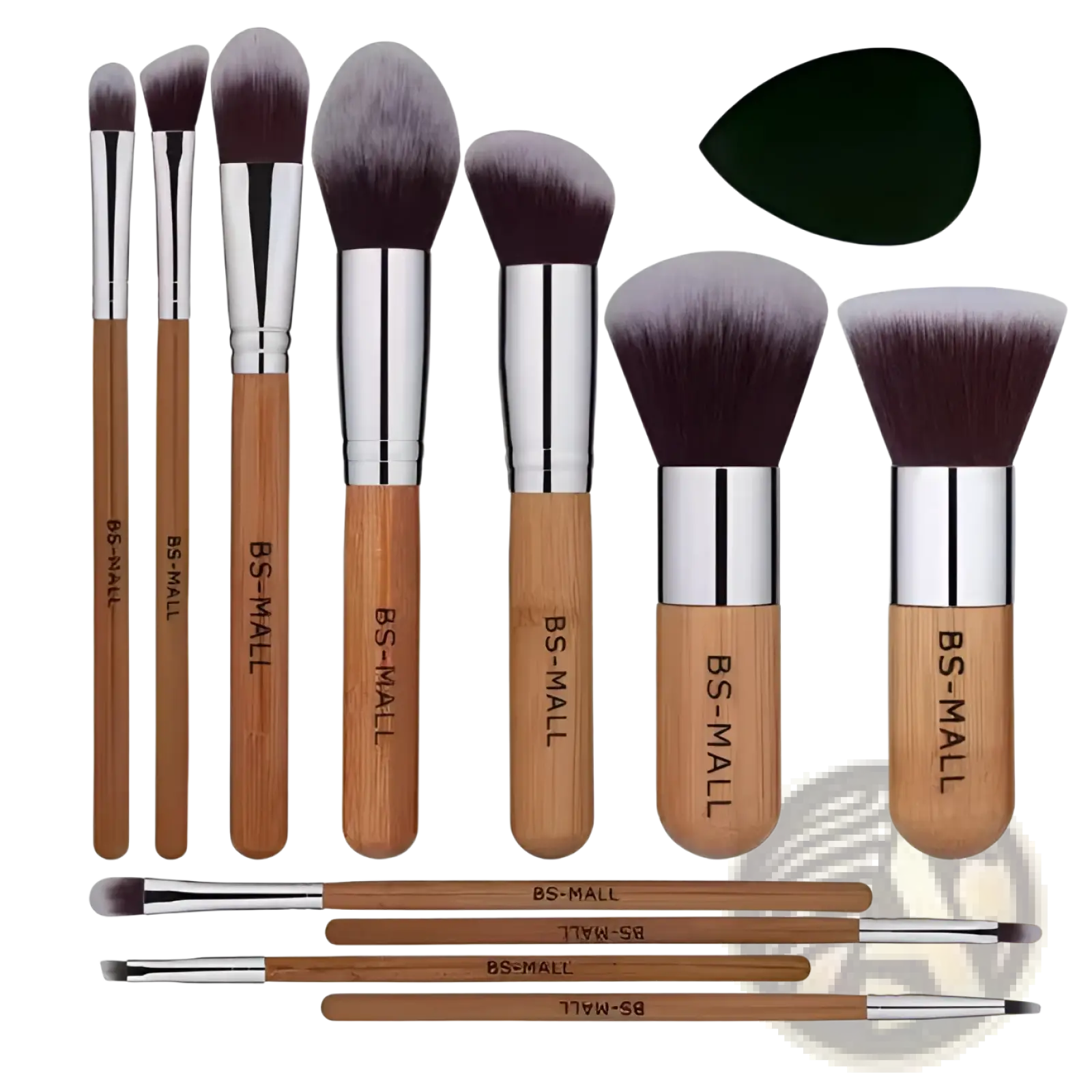 Set of 11 bamboo-handled makeup brushes with silver ferrules dark brown to gray bristles and black sponge applicator