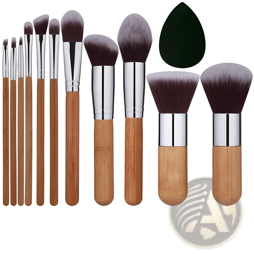 Bamboo makeup brush set with ten bamboo handles silver ferrules dark brown to gray bristles and black teardrop sponge