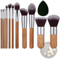 Bamboo makeup brush set with ten bamboo handles silver ferrules dark brown to gray bristles and black teardrop sponge