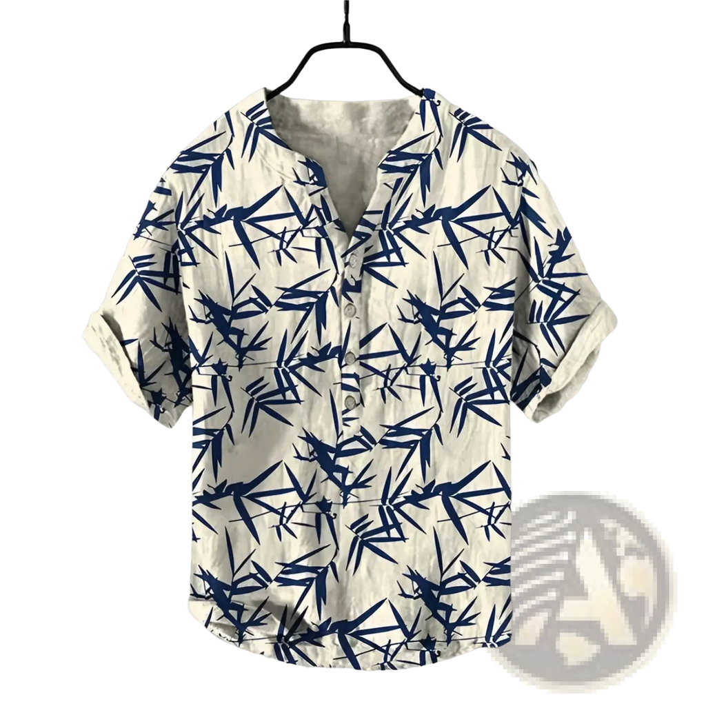 Beige short sleeve button shirt with navy blue bamboo leaf pattern for men casual wear
