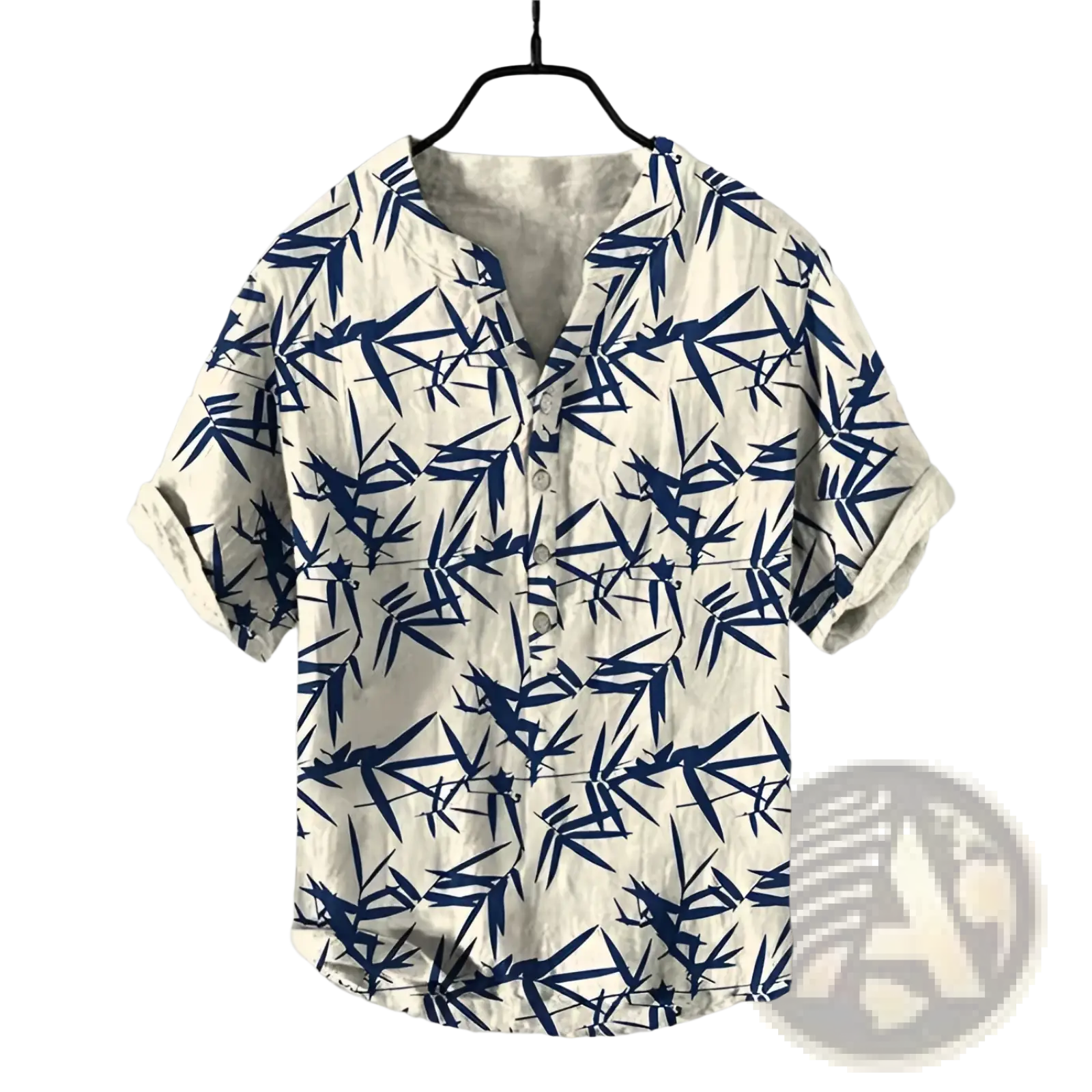 Beige short sleeve button shirt with navy blue bamboo leaf pattern for men casual wear