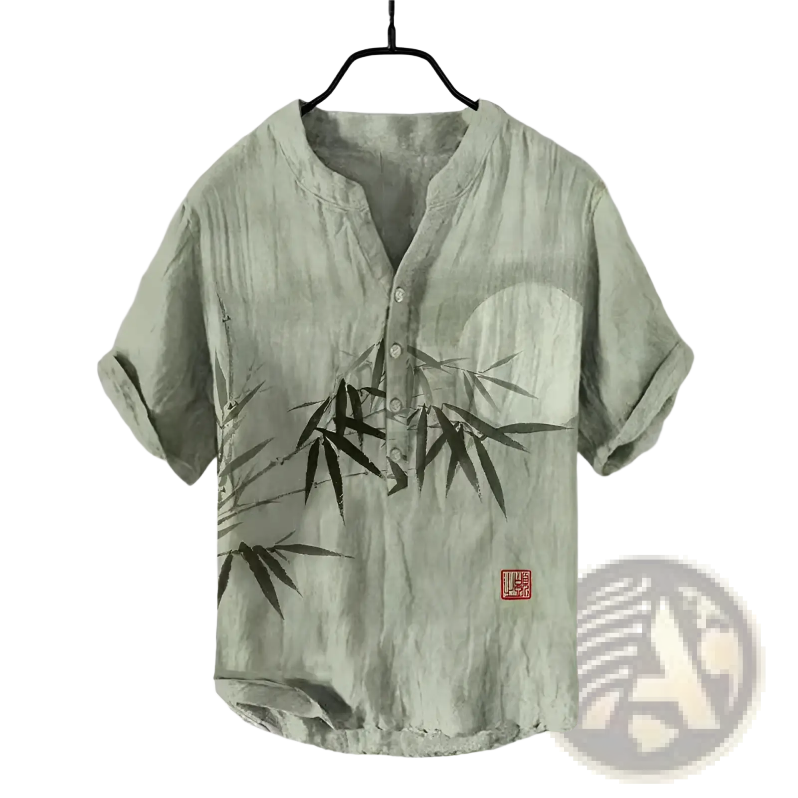 Light green men short sleeve button shirt featuring black bamboo leaf and circular print on front side