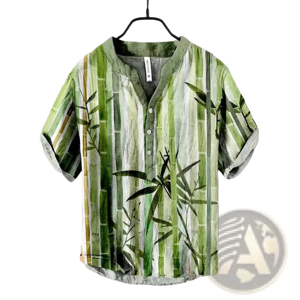 Bamboo print men short sleeve button shirt in various green shades with bamboo leaf and stalk design