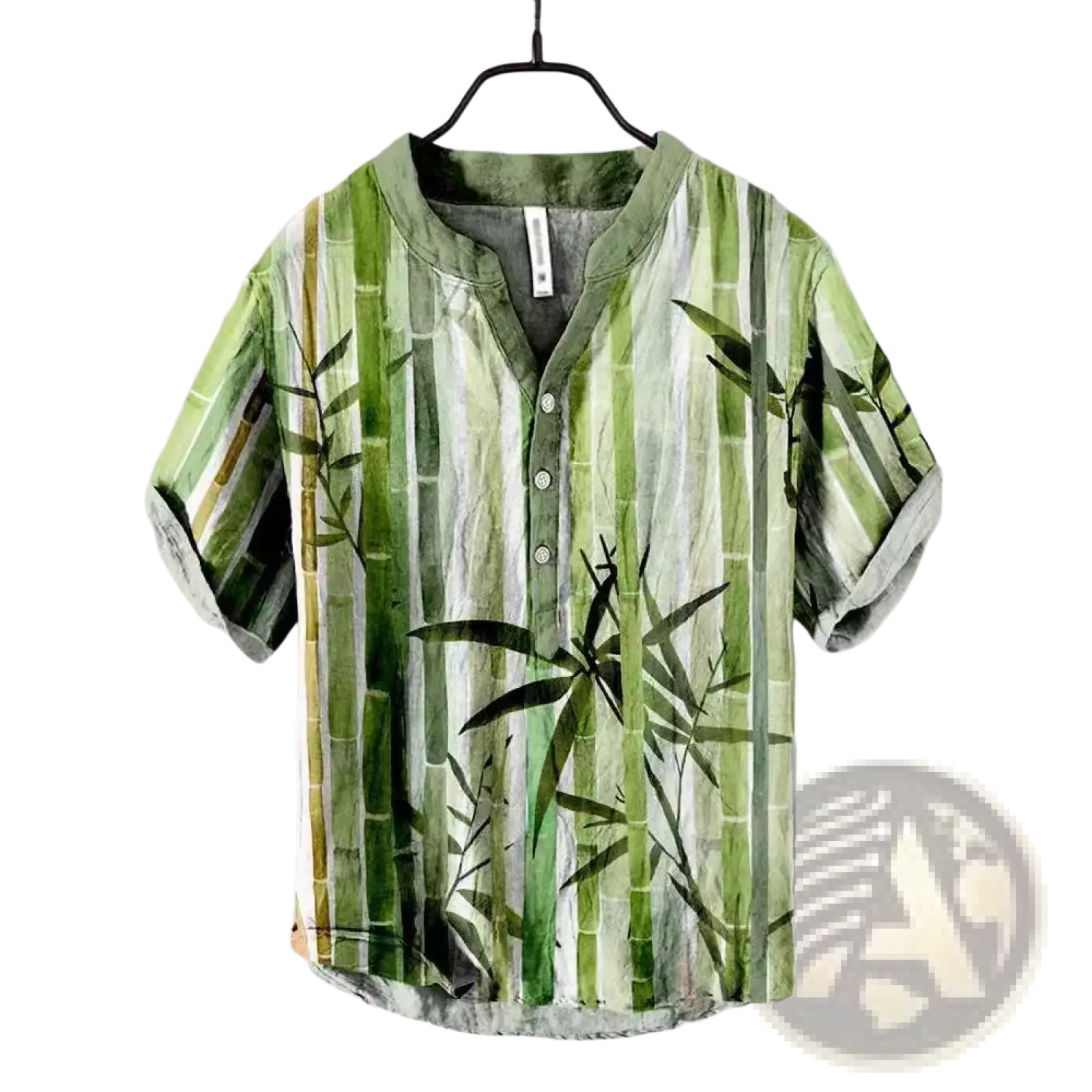 Bamboo print men short sleeve button shirt in various green shades with bamboo leaf and stalk design