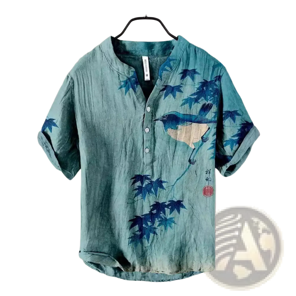 A teal bamboo print men short sleeve button shirt with subtle texture and embroidered blue bird and maple leaves