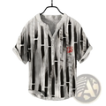 Black and white striped bamboo print men short sleeve button shirt with red embroidered patch on left chest