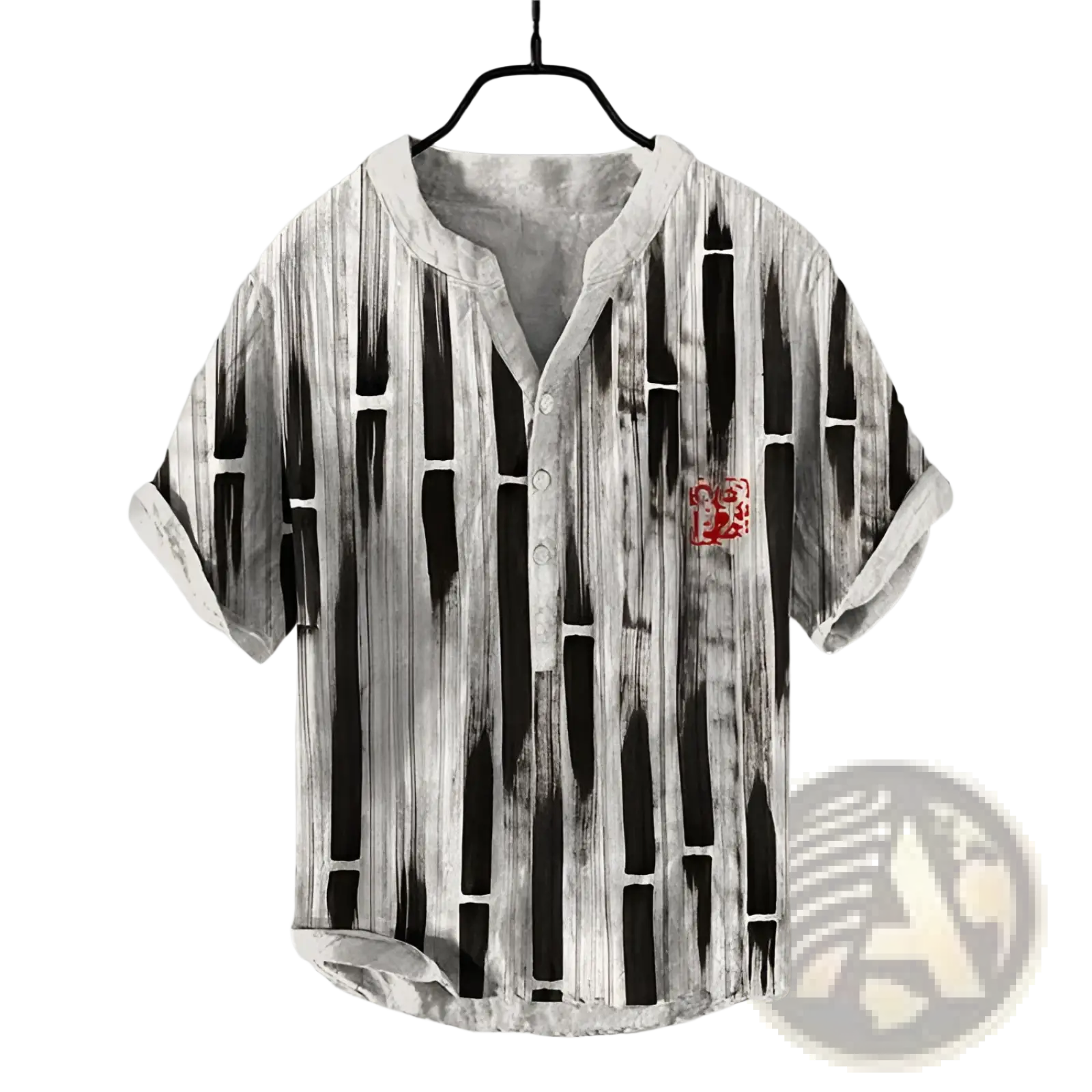 Black and white striped bamboo print men short sleeve button shirt with red embroidered patch on left chest